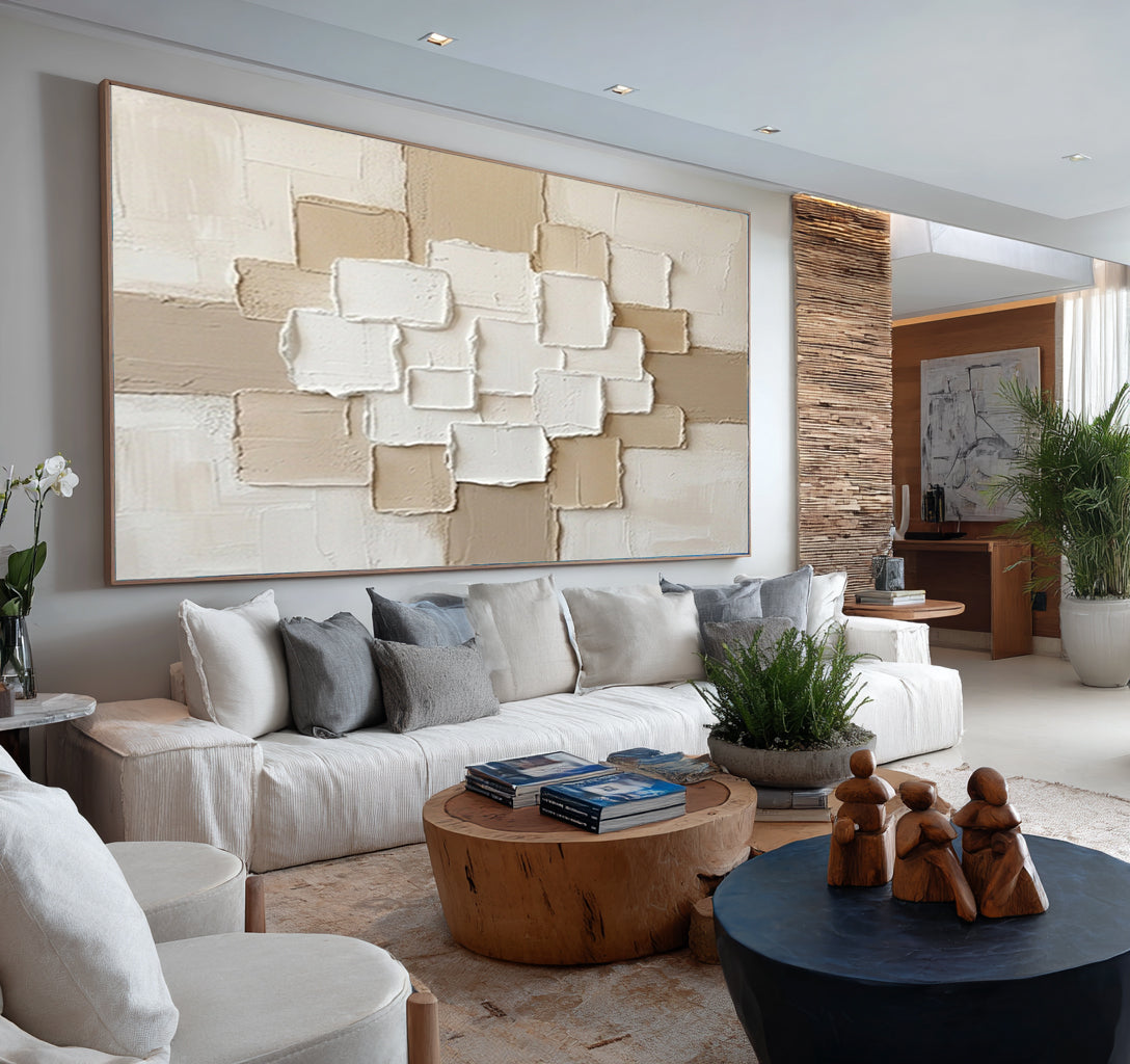Large Neutral Layered Texture Wall Art Horizontal Hand Painted Canvas | ArtvistaGallery