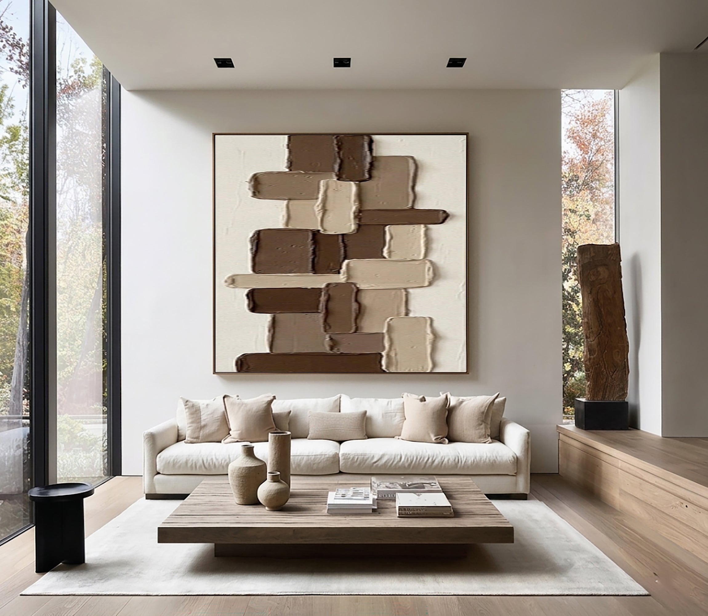 Large Brown Geometric Textured Wall Art Hand Painted Abstract Canvas