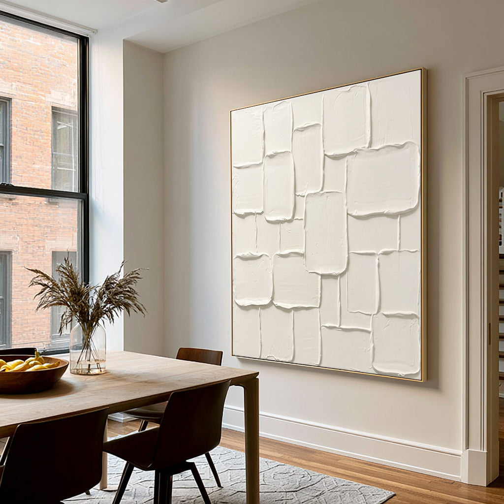 Large Modern Rounded Sculptural Relief Wall Art Ivory Cream Abstract Oil Painting Organic Rectangular Shapes Thick Impasto Texture Minimalist Luxury Interior Decor