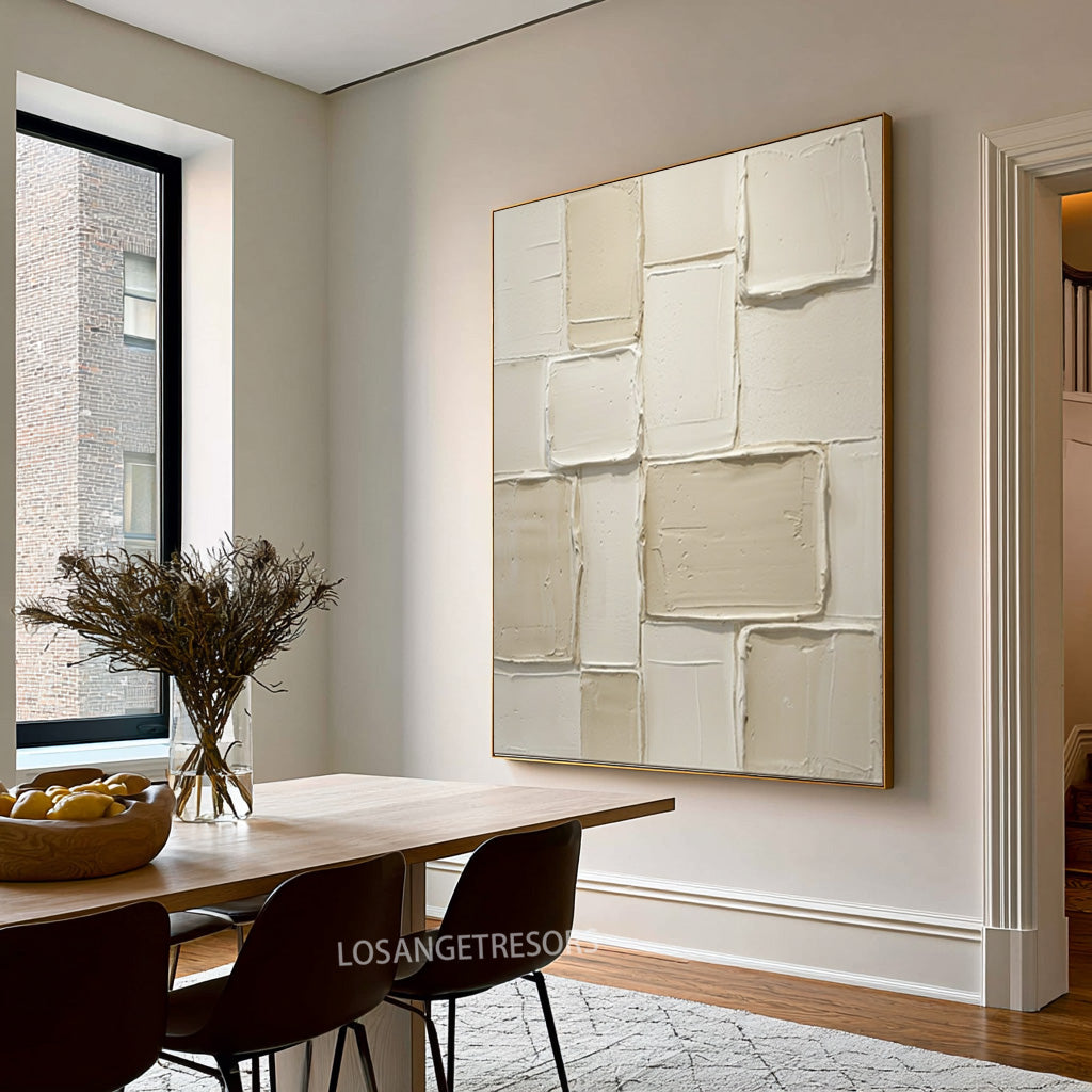 Large Architectural Minimalist Relief Wall Art Ivory Geometric Textured Abstract Painting Luxury Interior Artwork