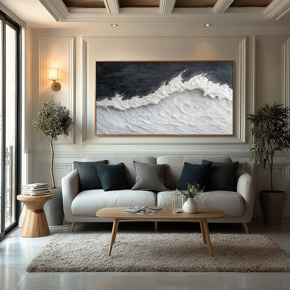Dramatic Ocean Wave Textured Seascape Painting Handmade Coastal Wall Art Stormy Gray White Ocean Decor