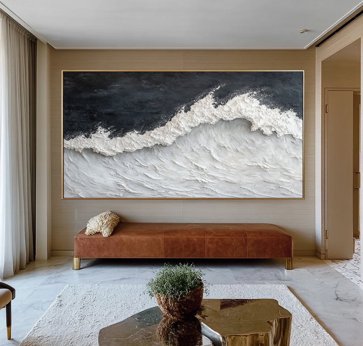 Dramatic Ocean Wave Textured Seascape Painting Handmade Coastal Wall Art Stormy Gray White Ocean Decor