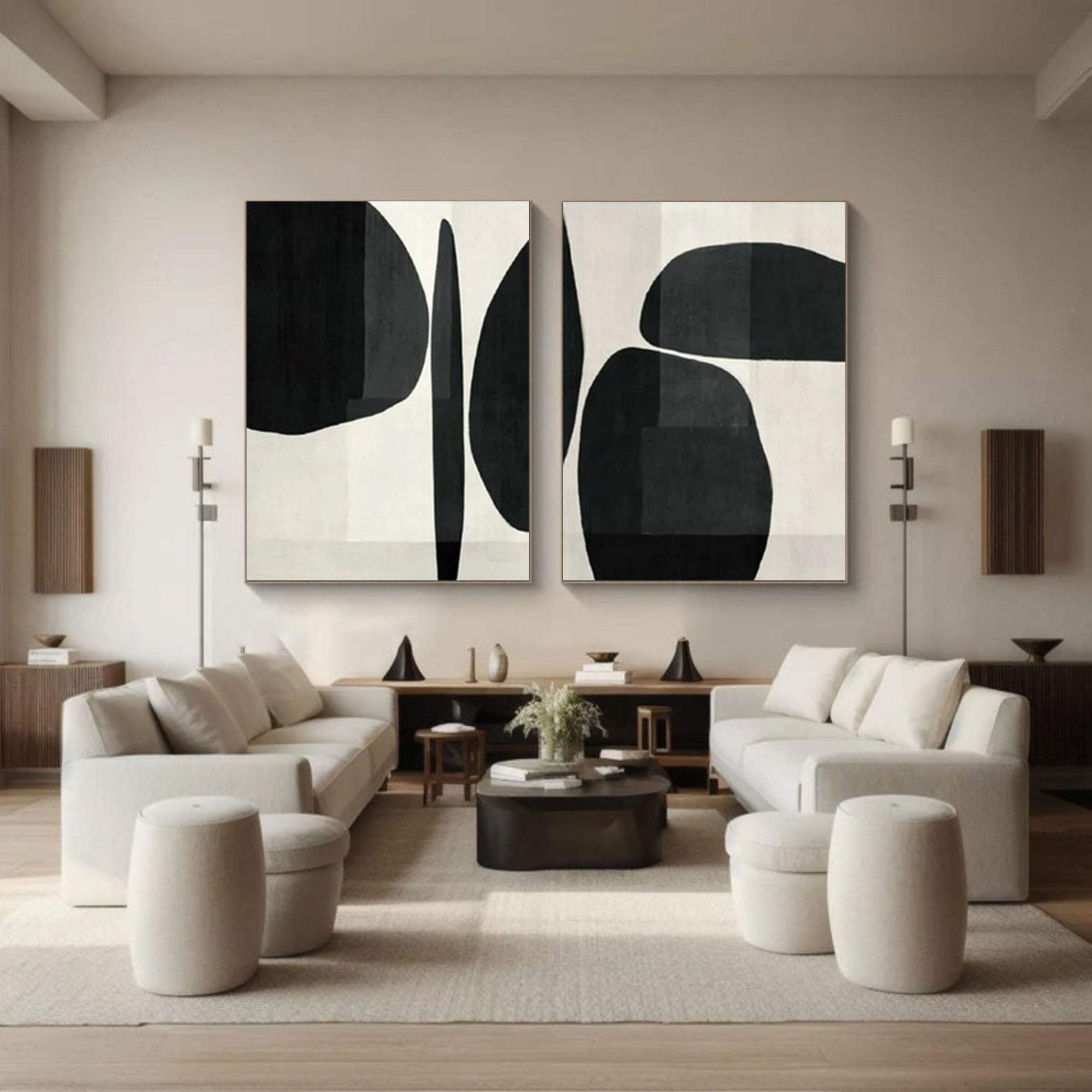 Abstract Geometric Canvas Art Black and White Painting Set of 2 #BWS 001