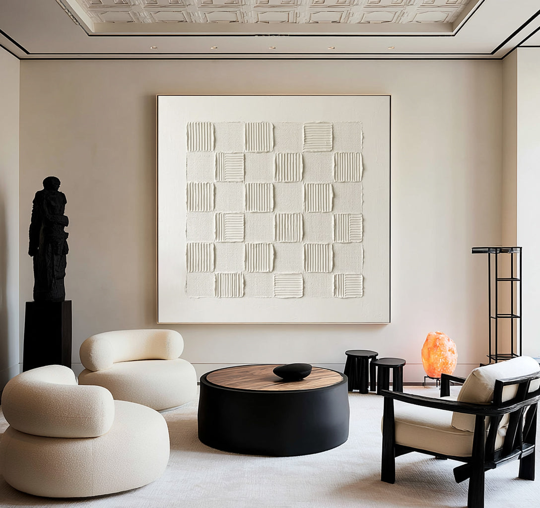 Woven Rhythm White Textured Wall Art Large Abstract Relief Painting Modern Minimalist Interior Decor