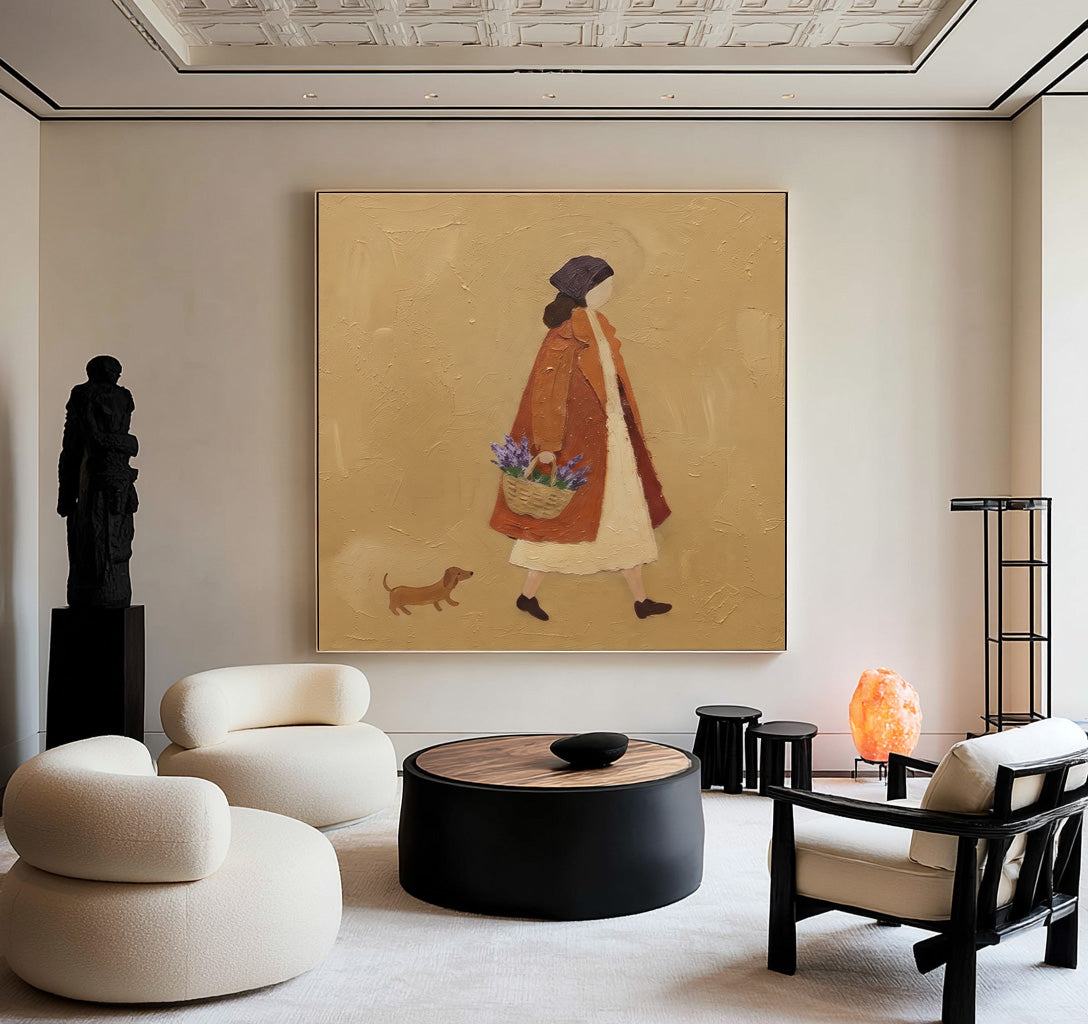 French Countryside Walk With A Companion Woman Dog Original Painting Rustic European Wall Art