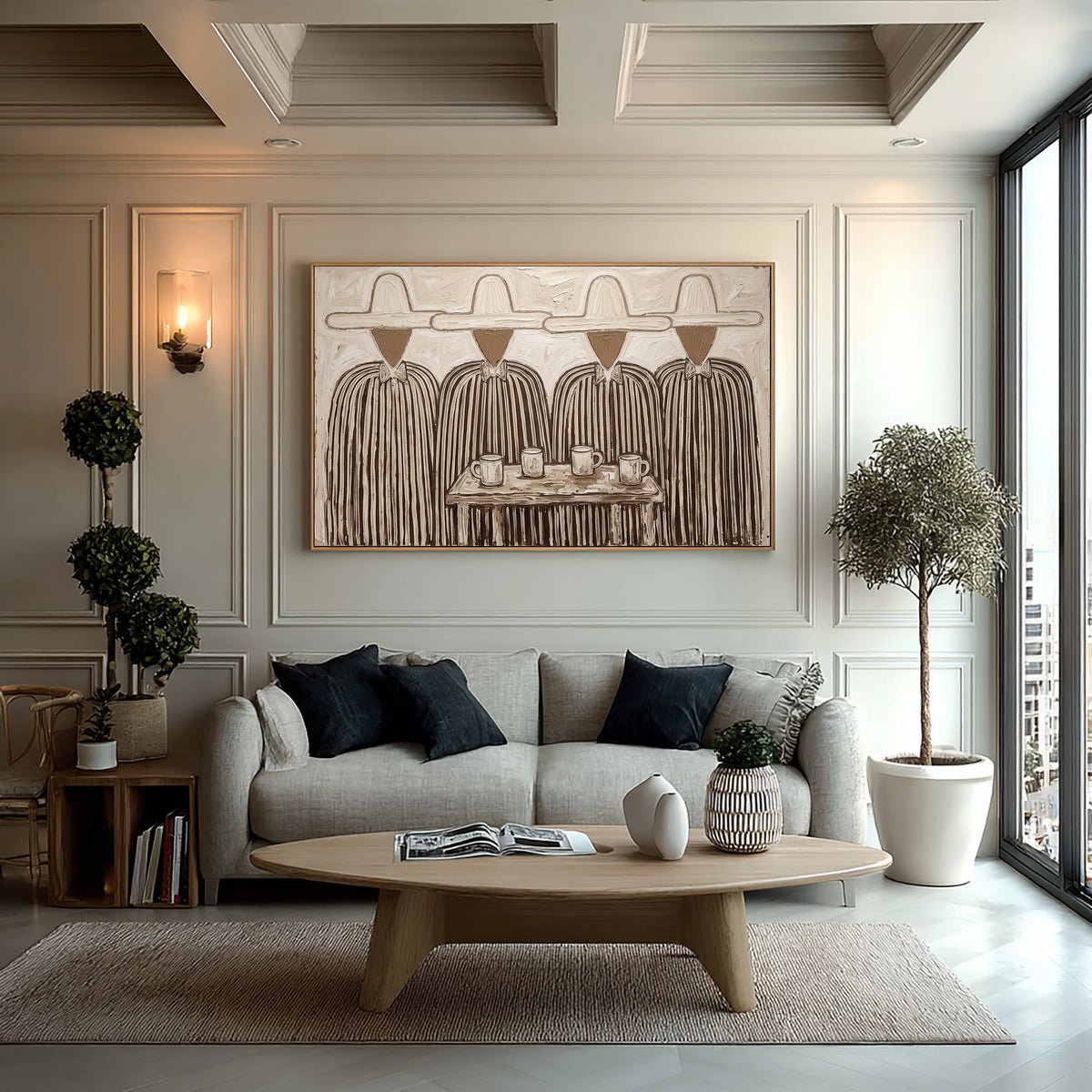 Where Four Stories Meet Figurative Folk Art Painting Four Figures Textured Wall Decor