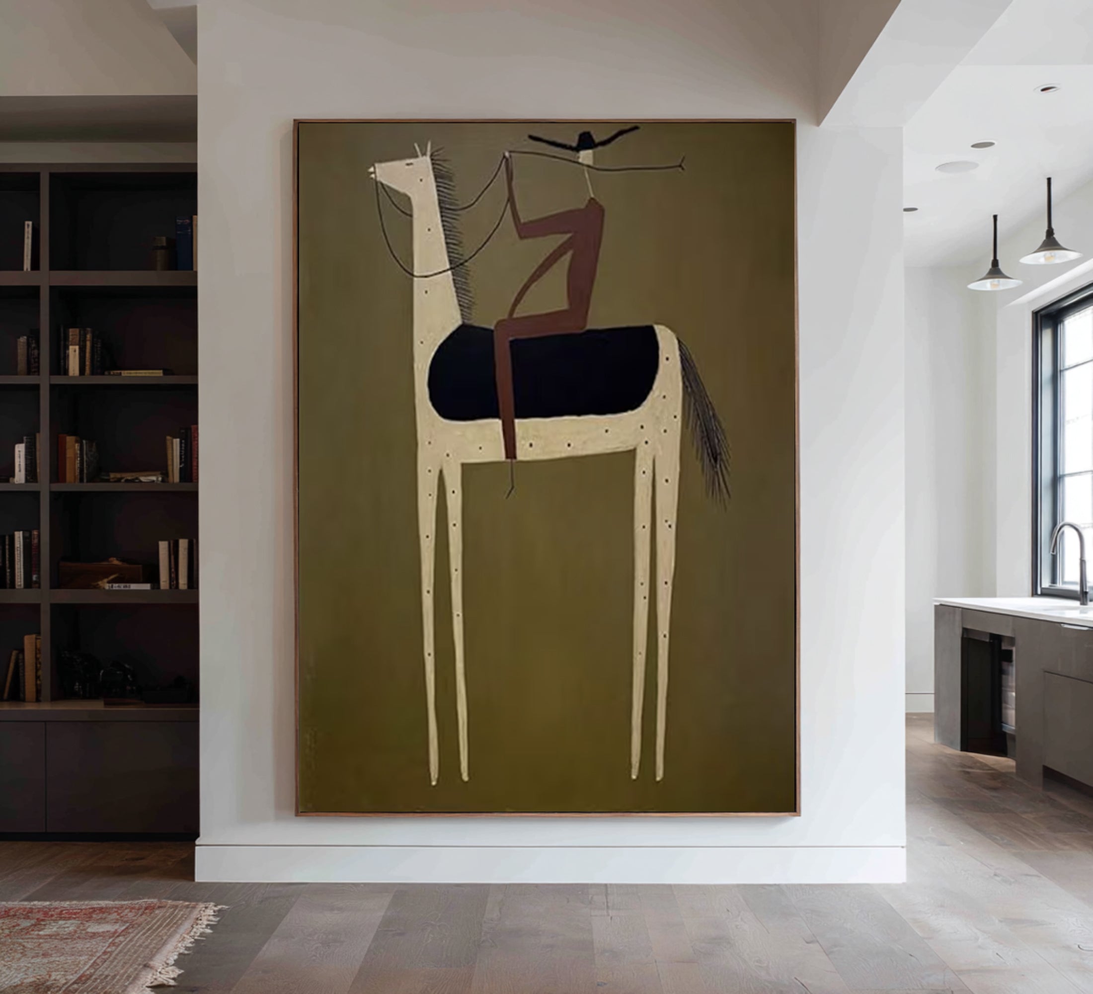 Large Abstract Horse Rider Painting Olive Green Contemporary Wall Art