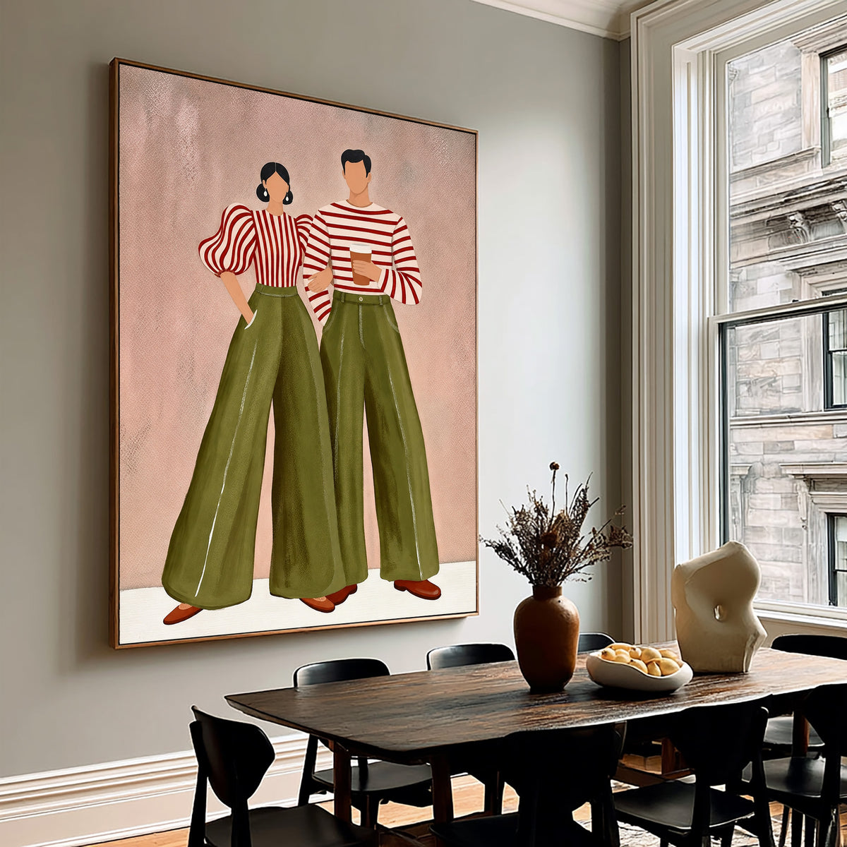 Contemporary Fashion Couple Painting Green Pants Striped Tops Wall Art