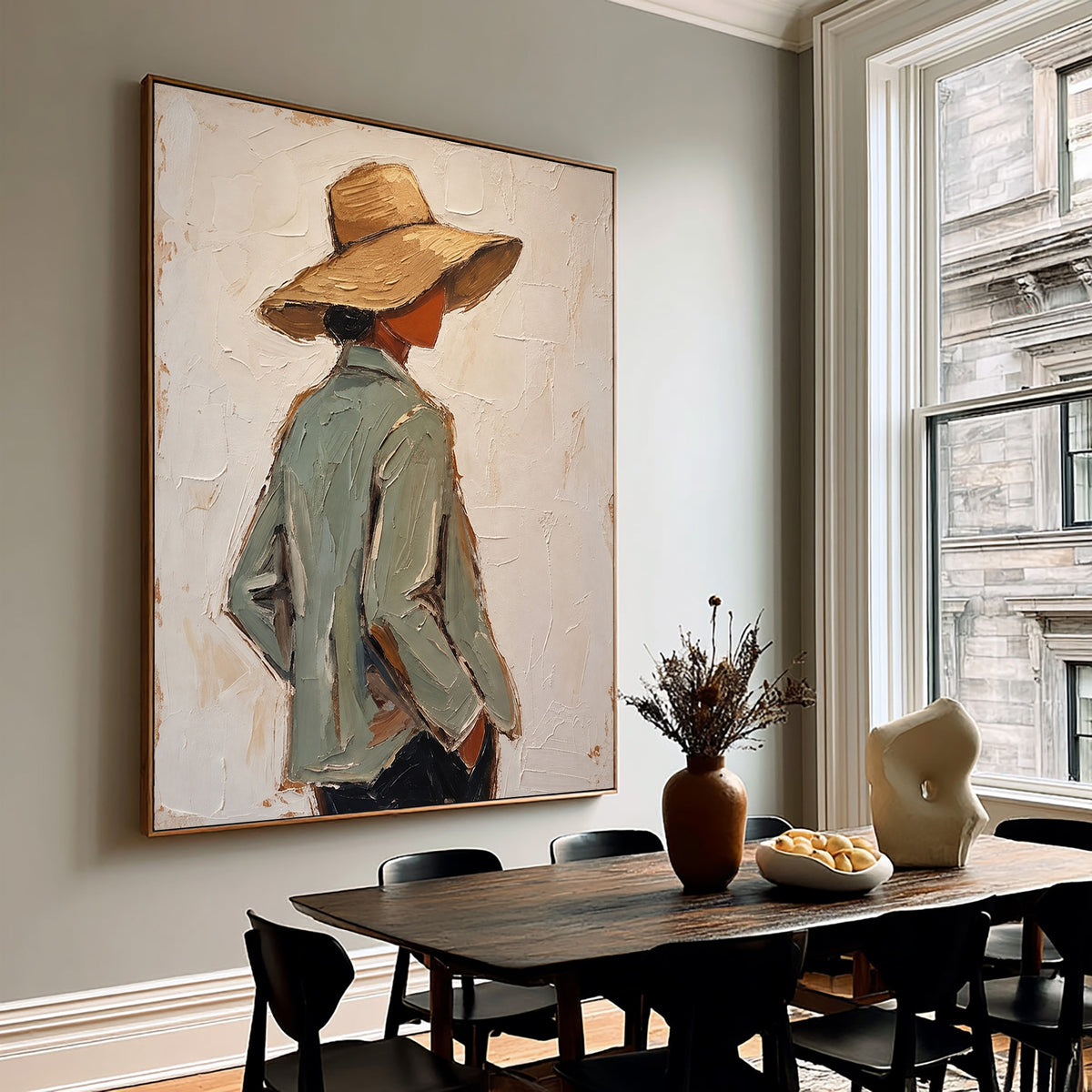 Textured Woman Portrait Sage Green Jacket Straw Hat Painting