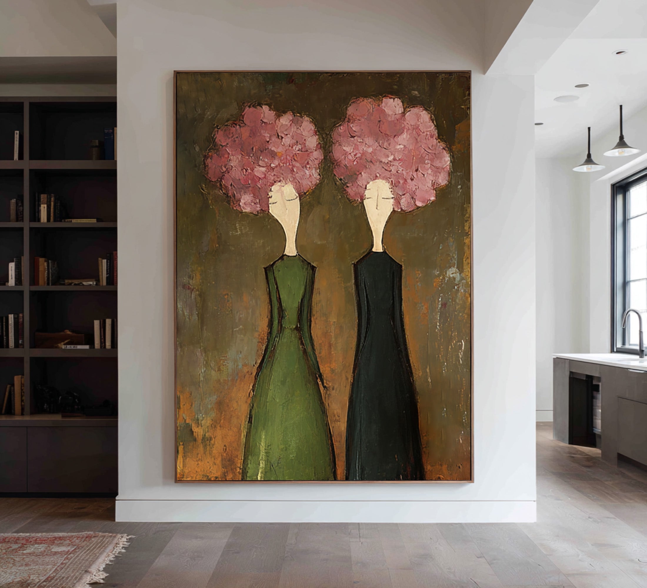 Large Modern Floral Portrait Oil Painting on Canvas – Elegant Green Dress Wall Art #WAB 042