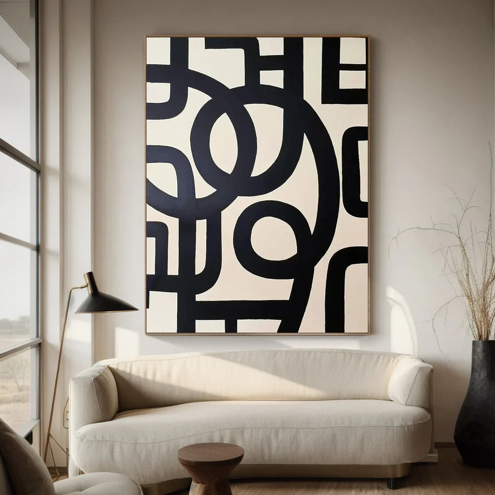 Large Abstract Oil Painting Black and White, Modern Geometric Wall Art for Living Room | ArtvistaGallery #WAB-031