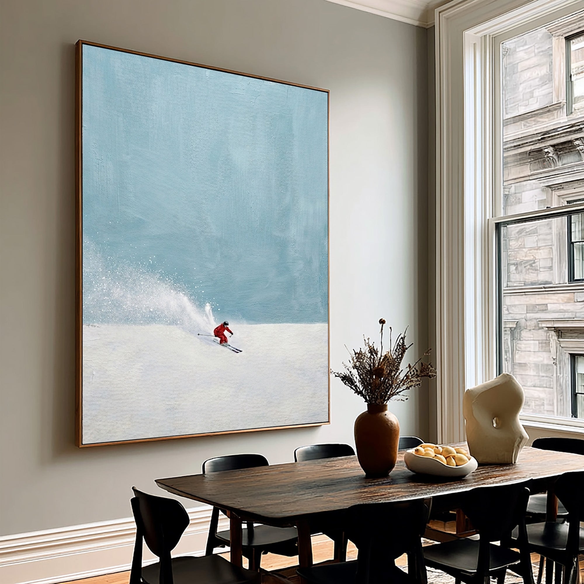 Large Minimalist Ski Wall Art Contemporary Winter Landscape Oil Painting
