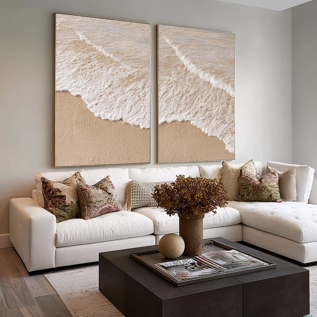 Large Modern Ocean Wave Diptych Wall Art Beige White Textured Oil Painting Coastal Seascape Two Piece Canvas Set Living Room Decor