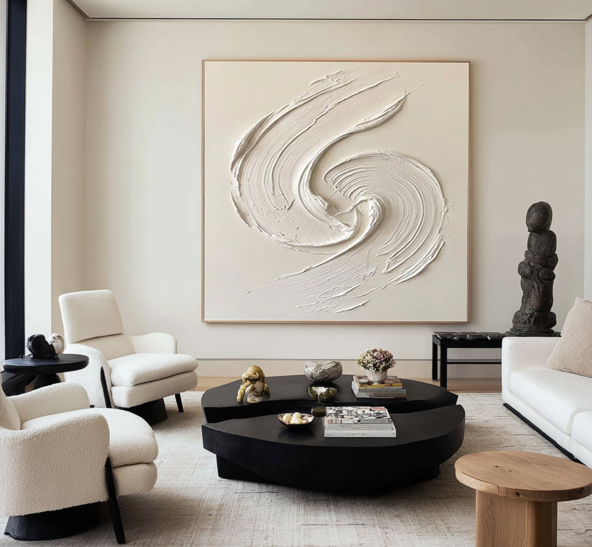 Large White Textured Spiral Wall Art Hand Painted Modern Canvas