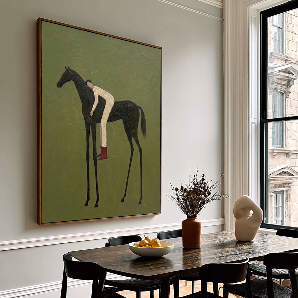 Large Olive Green Equestrian Wall Art Horse Rider Oil Painting Cowboy Cowgirl Inspired Western Americana Artwork Modern Home Decor