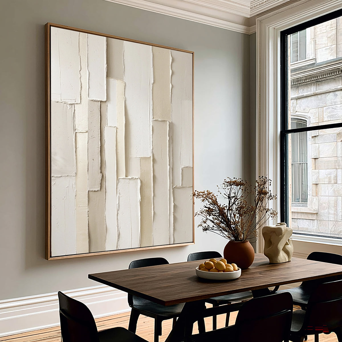 Large Modern Vertical Geometric Textured Wall Art White Beige Abstract Oil Painting 3D Raised Rectangular Relief Contemporary Home Decor