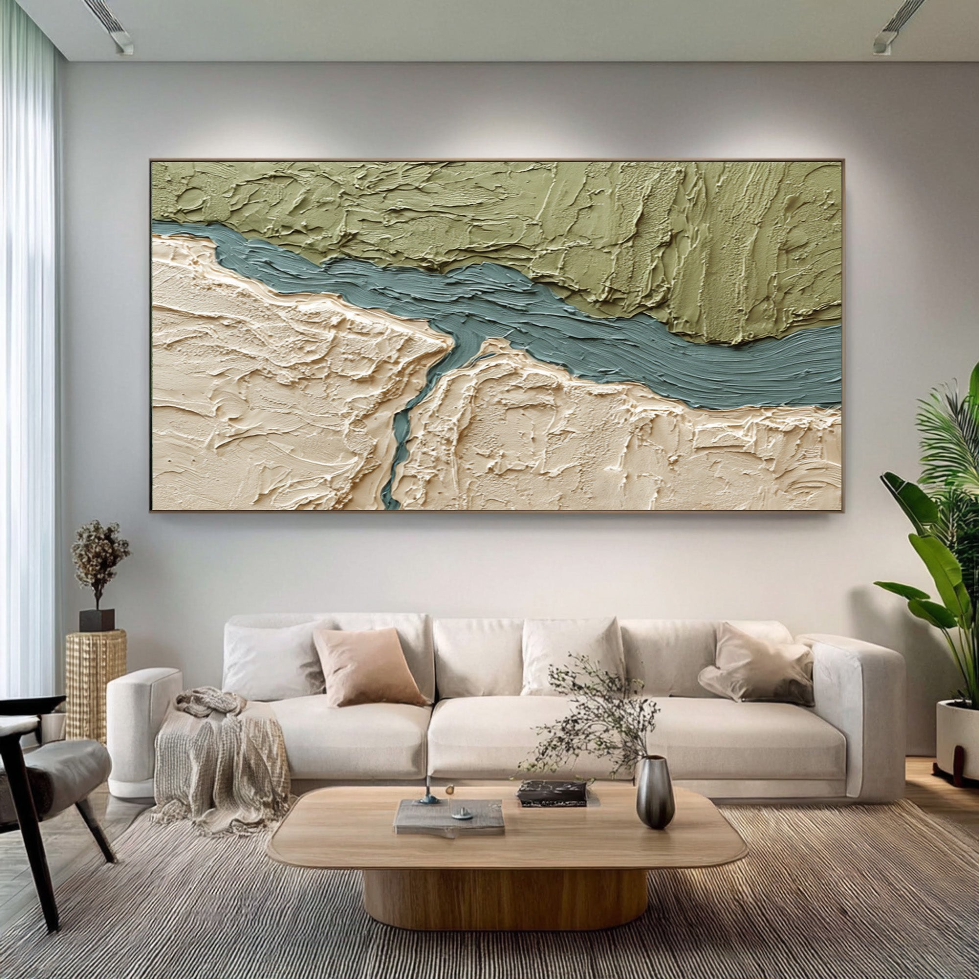 Large Abstract Oil Painting Green Texture, Calm Nature Wall Art for Living Room | ArtvistaGallery #WAB 027