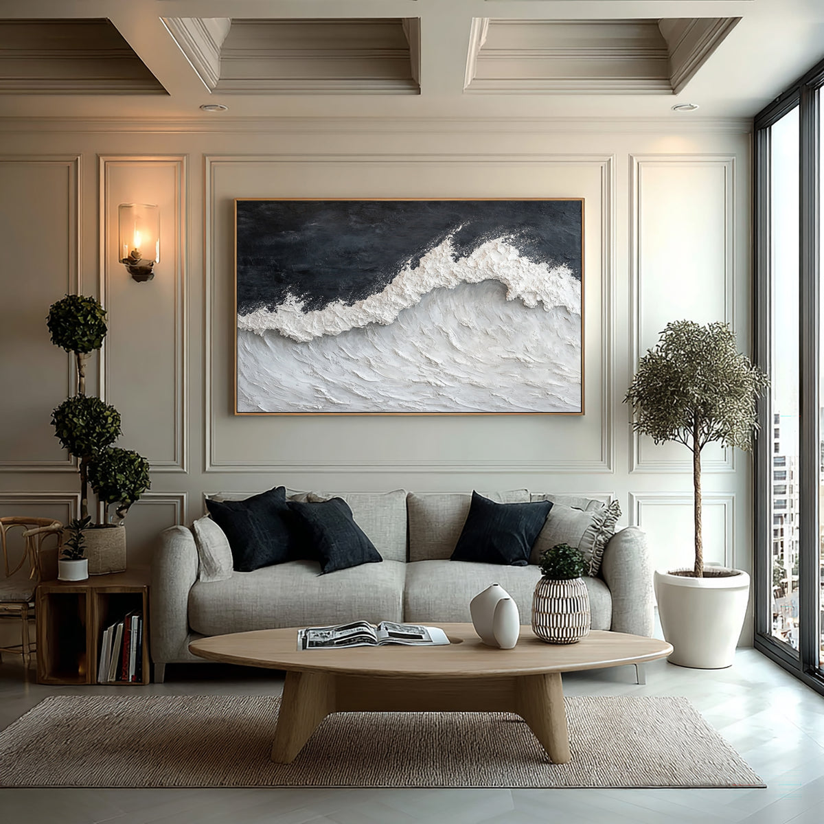Dramatic Ocean Wave Textured Seascape Painting Handmade Coastal Wall Art Stormy Gray White Ocean Decor