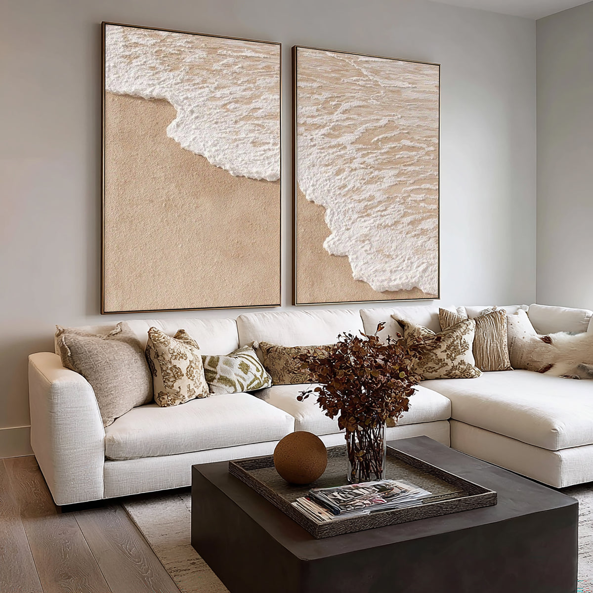 Where The Tide Meets The Shore Diptych Coastal Wall Art Textured Ocean Wave Painting Beach House Decor