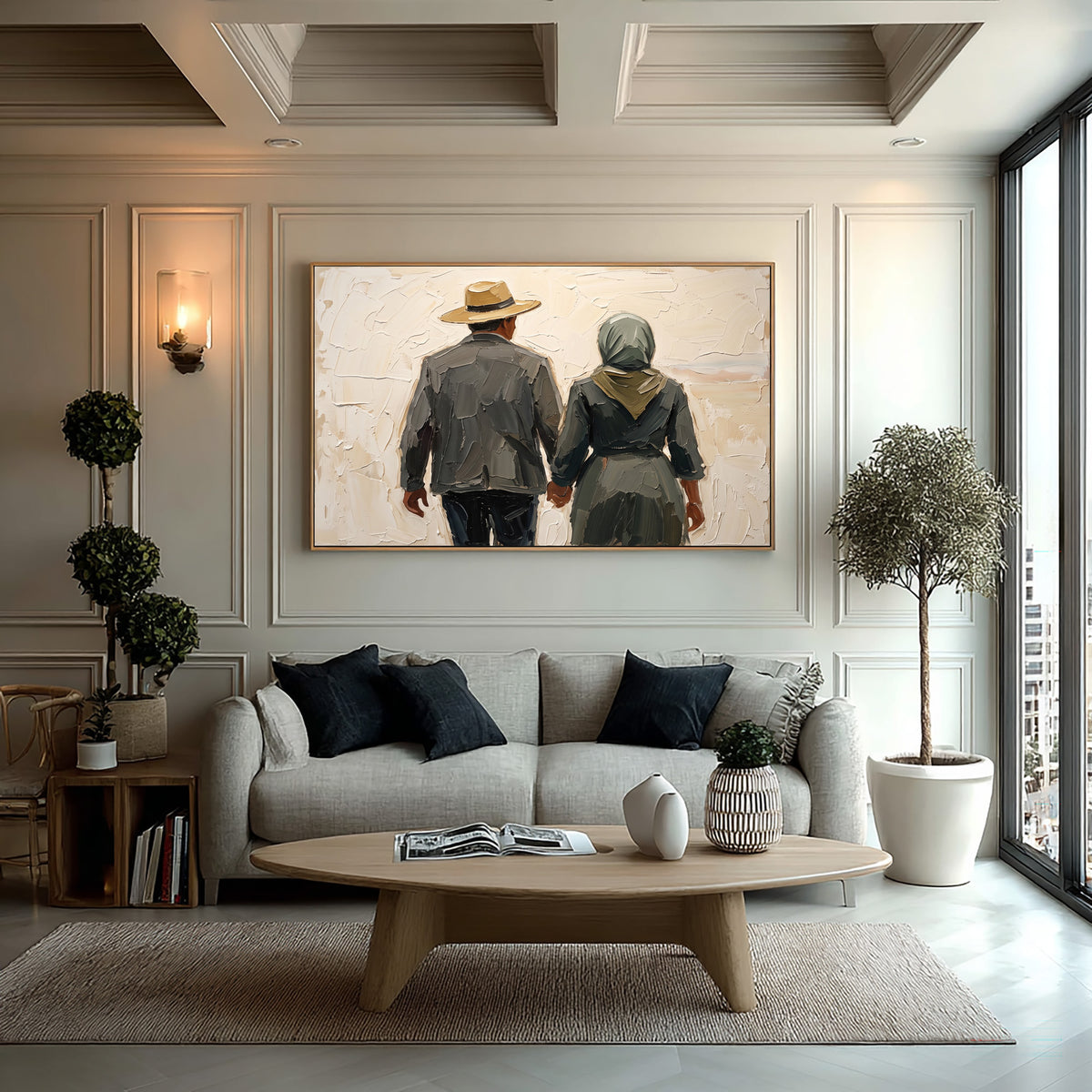 Large Textured Couple Painting Romantic Western Landscape Wall Art