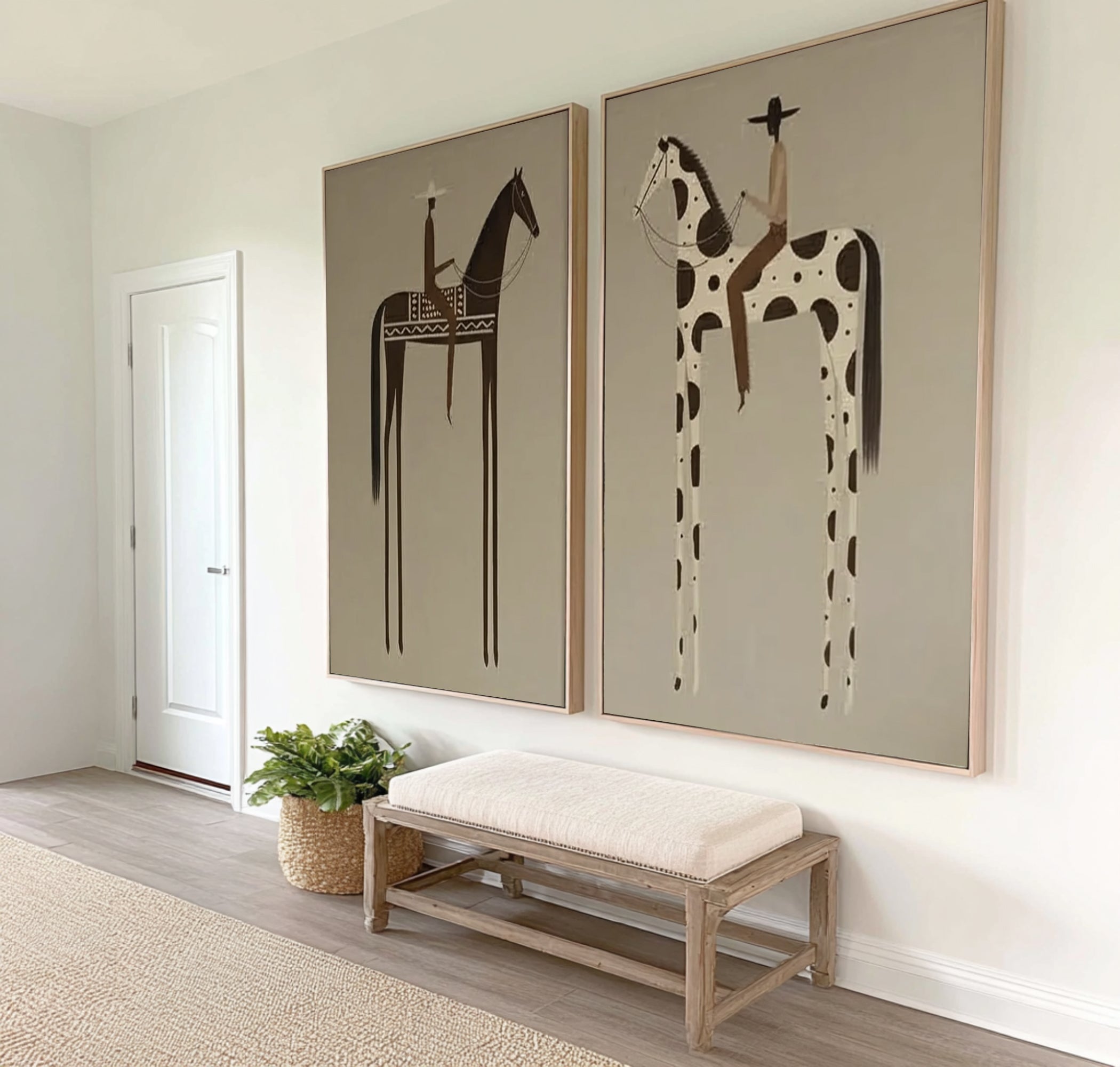 Large Minimalist Horse Rider Diptych Wall Art Contemporary Neutral Canvas Set 