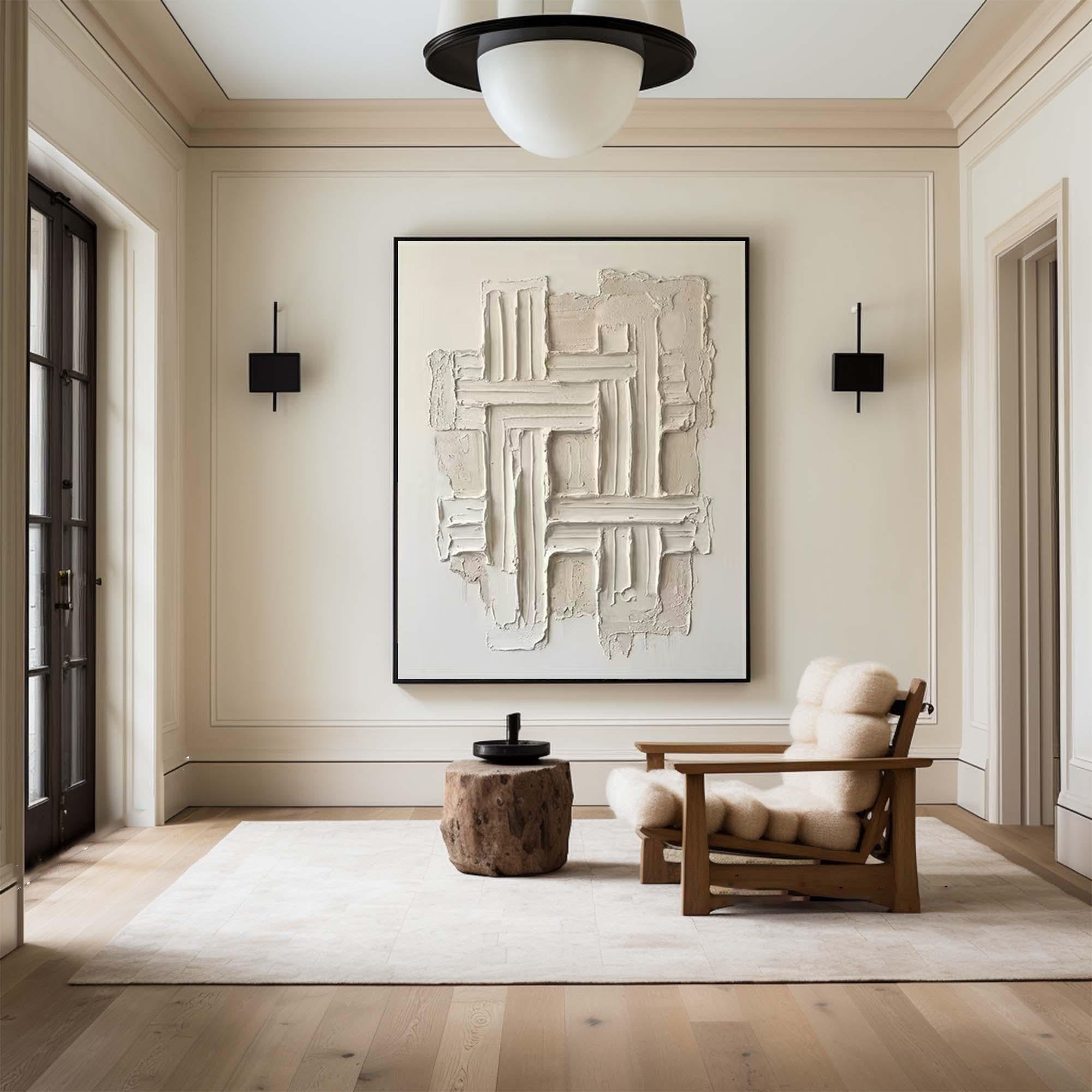Large Hand Painted Neutral Oil Painting with Textured Geometric Wall Art Design