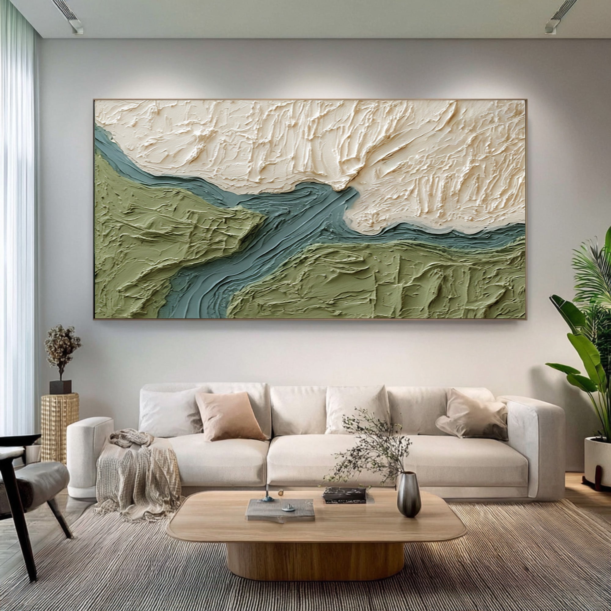 Large Abstract Oil Painting Green Landscape Art, Textured Modern Wall Art for Living Room | ArtvistaGallery #WAB 025