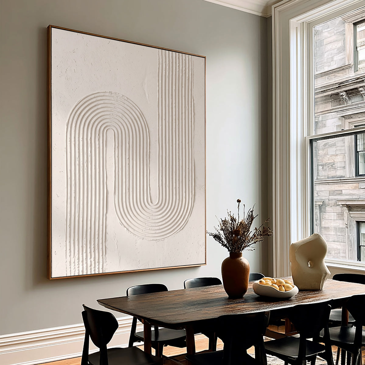 Continuous Lines Sculptural Minimalist Wall Artwork Handmade Textured Abstract Painting Neutral Modern Decor
