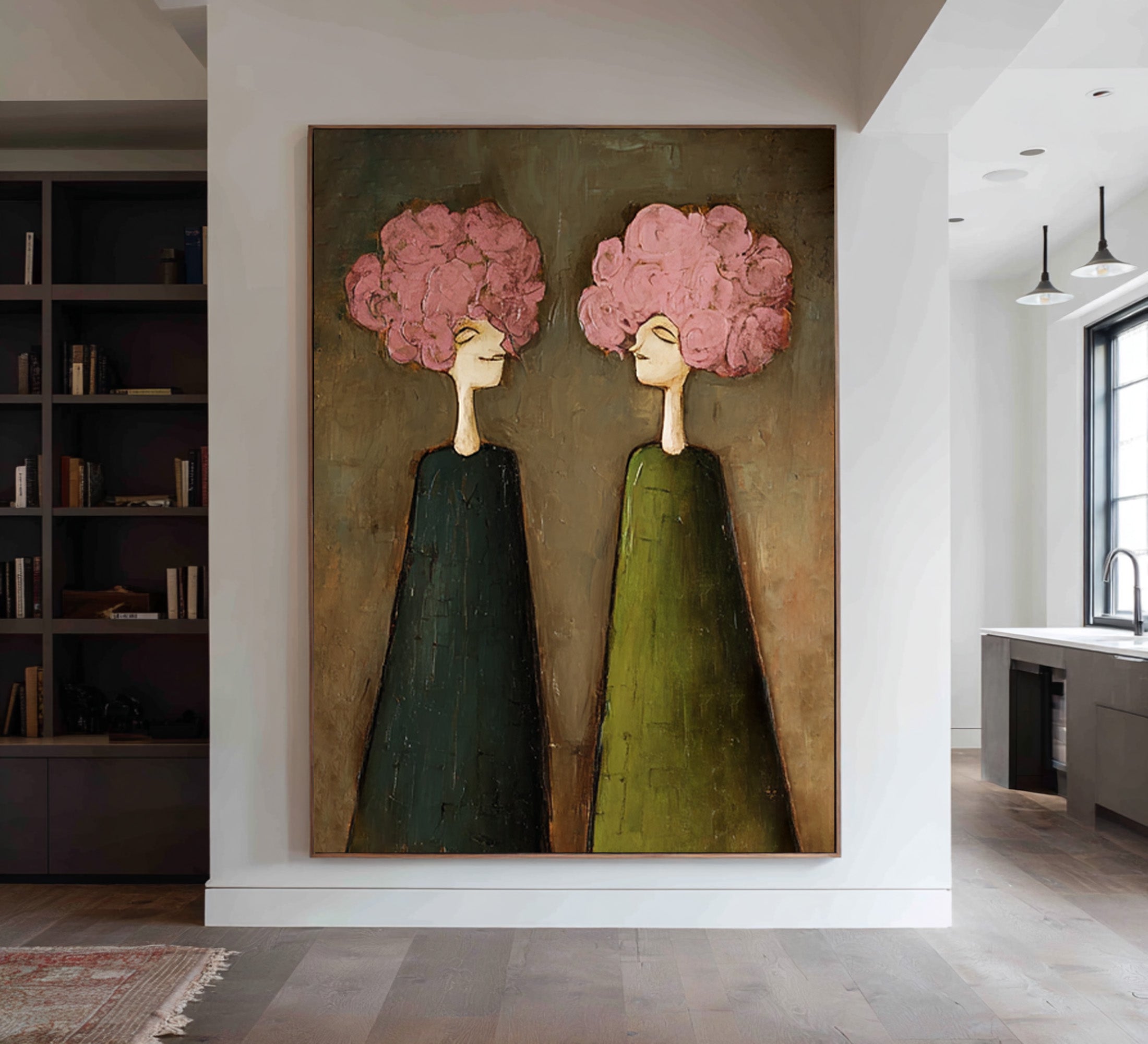 Large Pink Floral Portrait Oil Painting – Modern Green Dress Canvas Wall Decor #WAB 041
