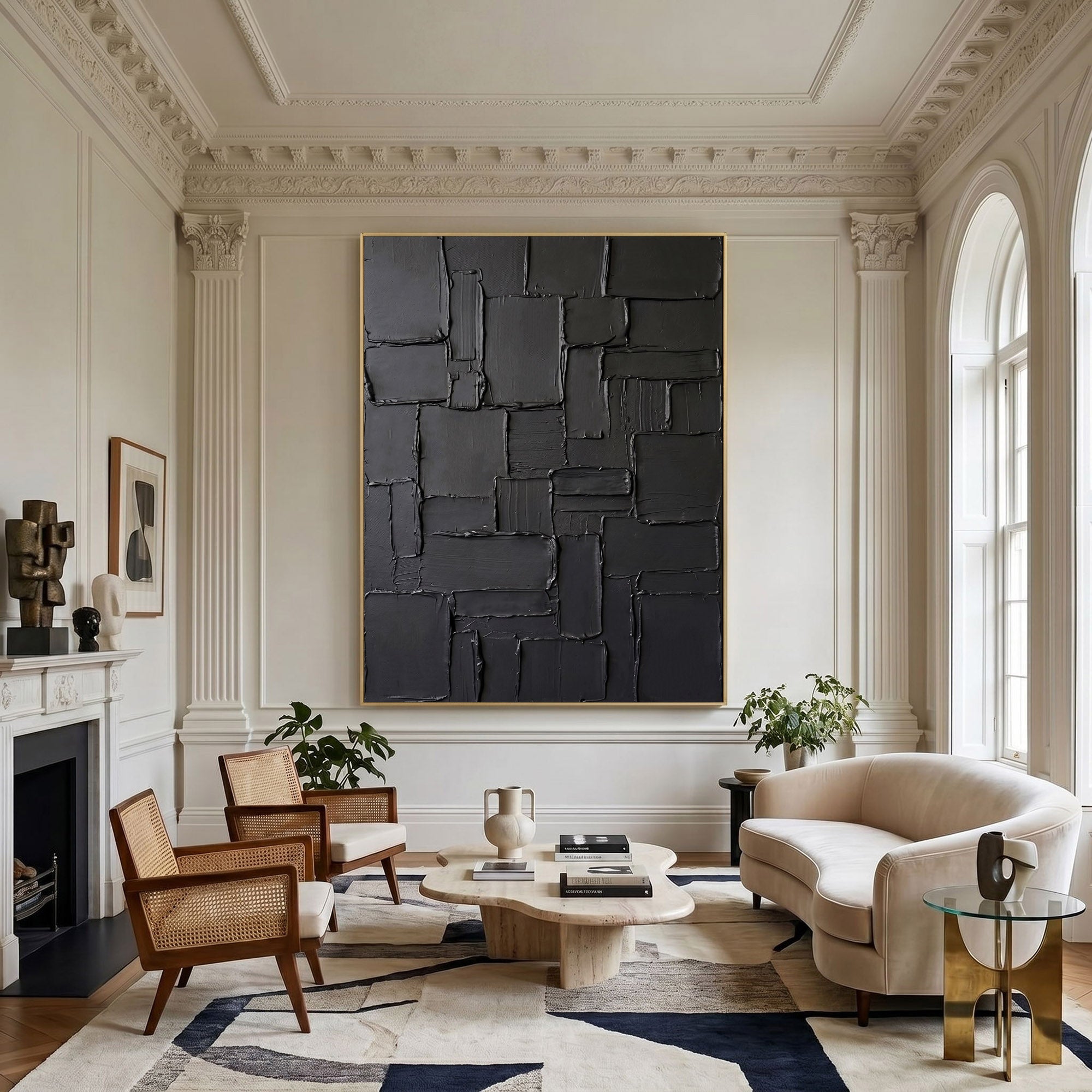 Large Black Textured Wall Art Abstract Oil Painting Modern Impasto Minimalist Contemporary Luxury Decor