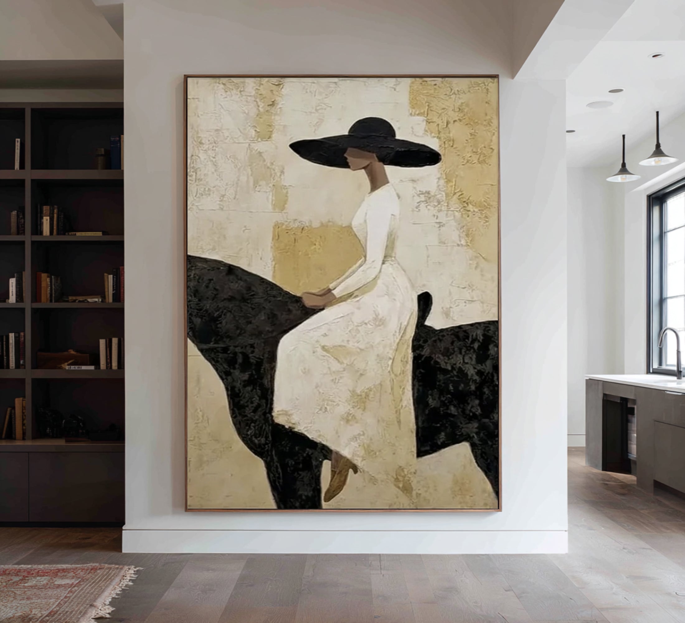 Luxury Woman on Black Horse Painting Elegant Neutral Wall Art