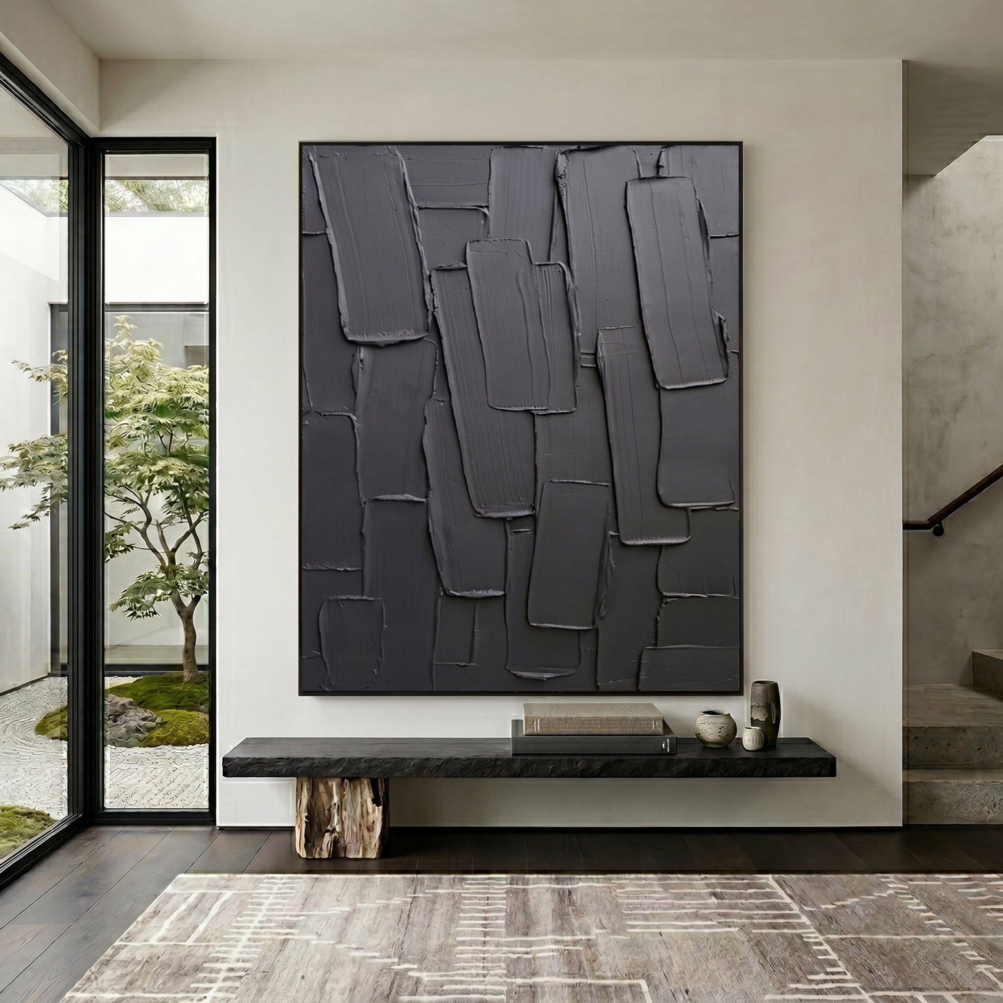 Large Black Textured Wall Art Modern Abstract Oil Painting Impasto Layered Minimalist Contemporary Decor