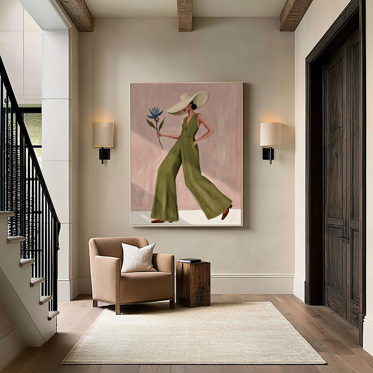 Fashion Woman Painting Green Jumpsuit Modern Wall Art