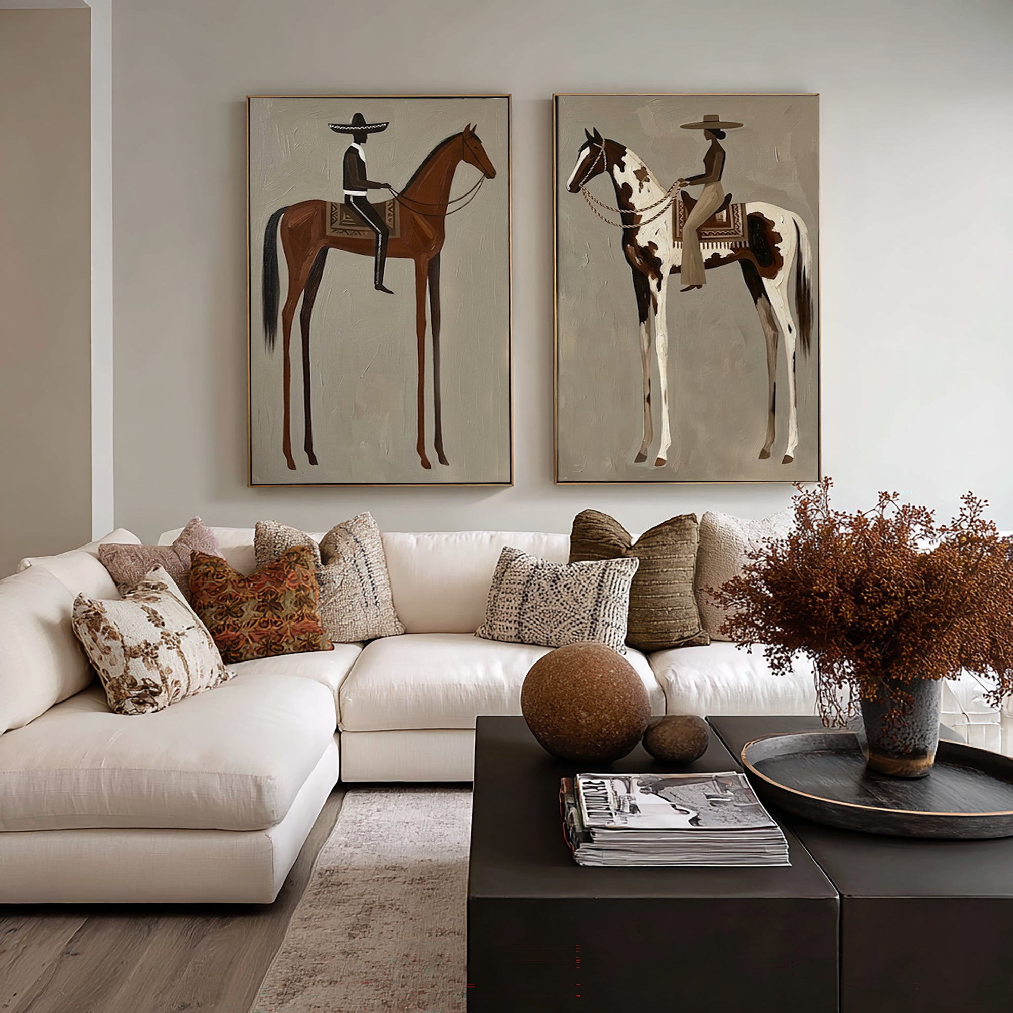 Large Cowboy Cowgirl Wall Art Southwestern Western Horse Oil Painting Diptych 
