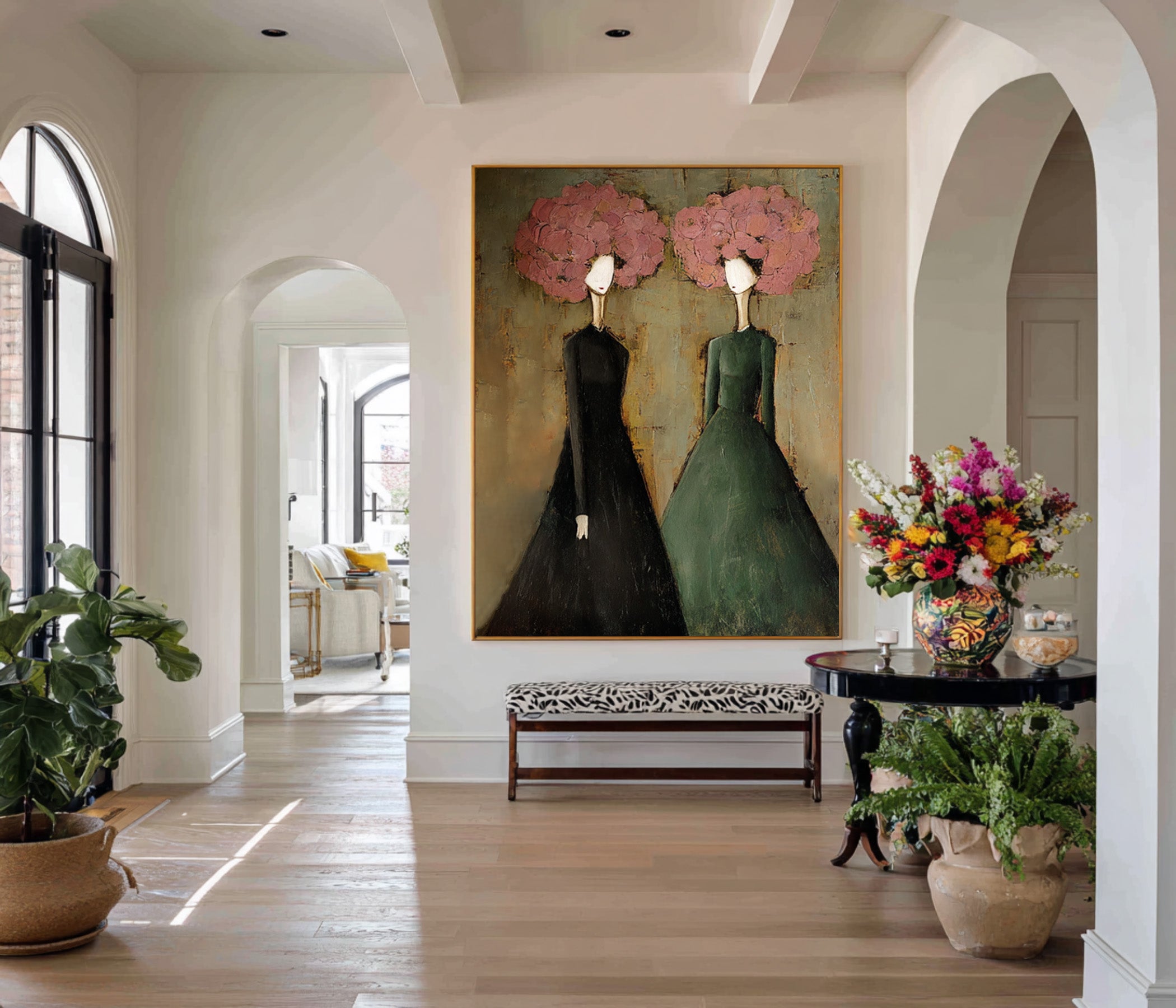 Large Modern Portrait Oil Painting on Canvas – Elegant Green Figurative Wall Art Decor #WAB 037
