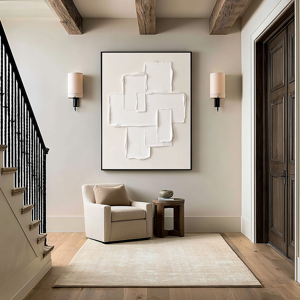 Large Cream Modernist Composition Textured Wall Art Ivory Neutral Abstract Oil Painting Raised Geometric Shapes Sculptural Impasto Minimalist Contemporary Luxury Decor
