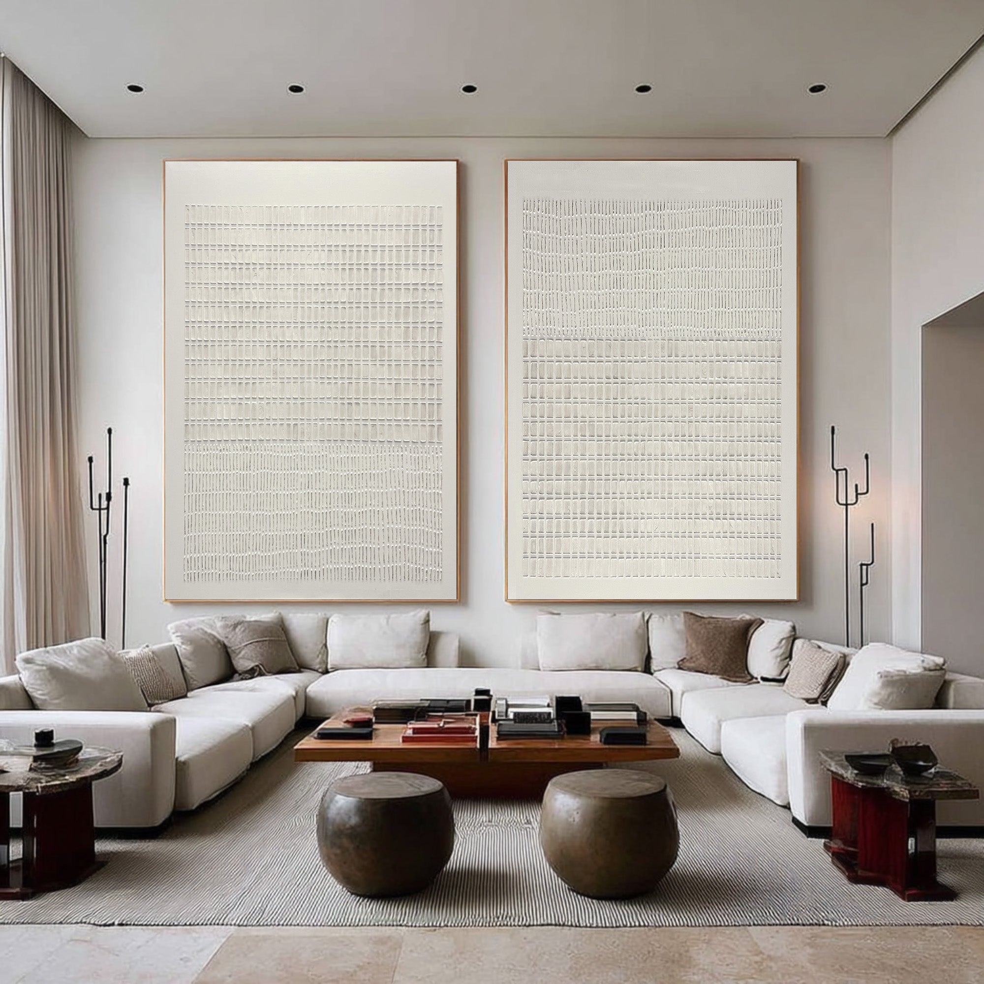 Large Abstract Oil Painting Beige Textured Grid Art Set, Minimal Wall Art for Living Room | ArtvistaGallery #WAB 019 