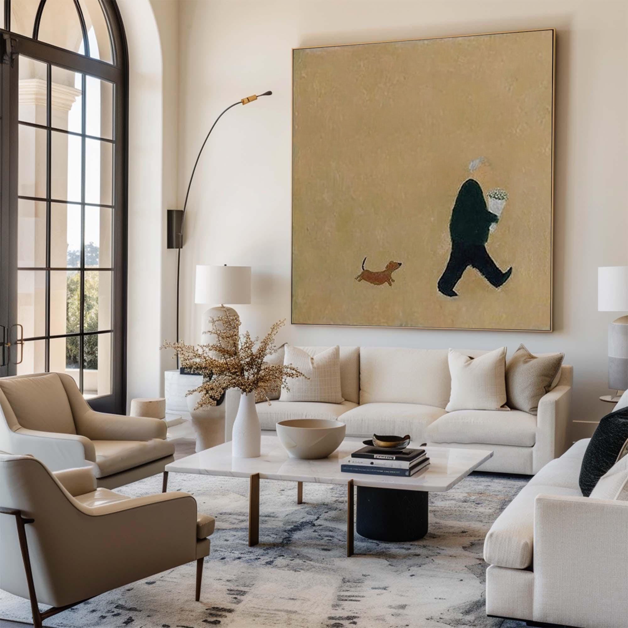 Large Abstract Oil Painting Figure and Dog, Minimal Warm Wall Art for Home Decor | ArtvistaGallery #WAB 015