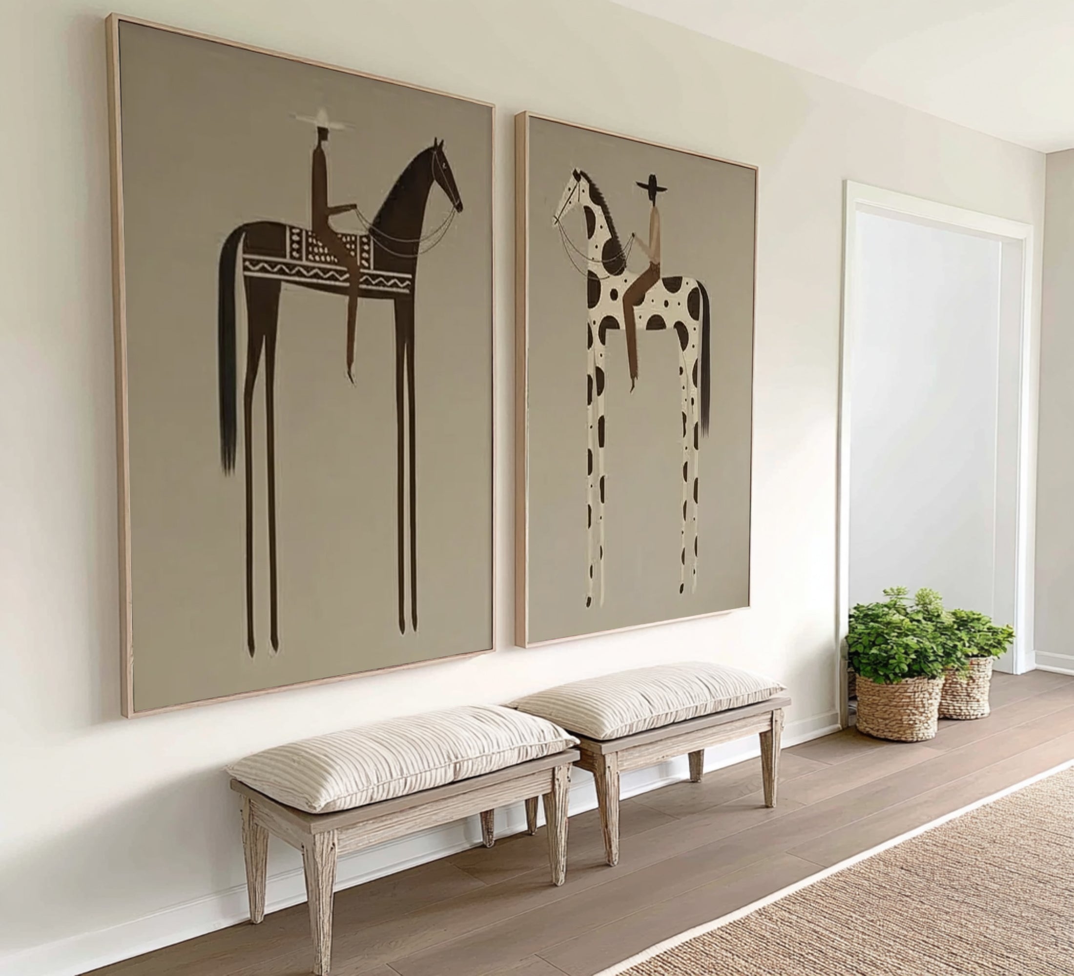Large Minimalist Horse Rider Diptych Wall Art Contemporary Neutral Canvas Set 