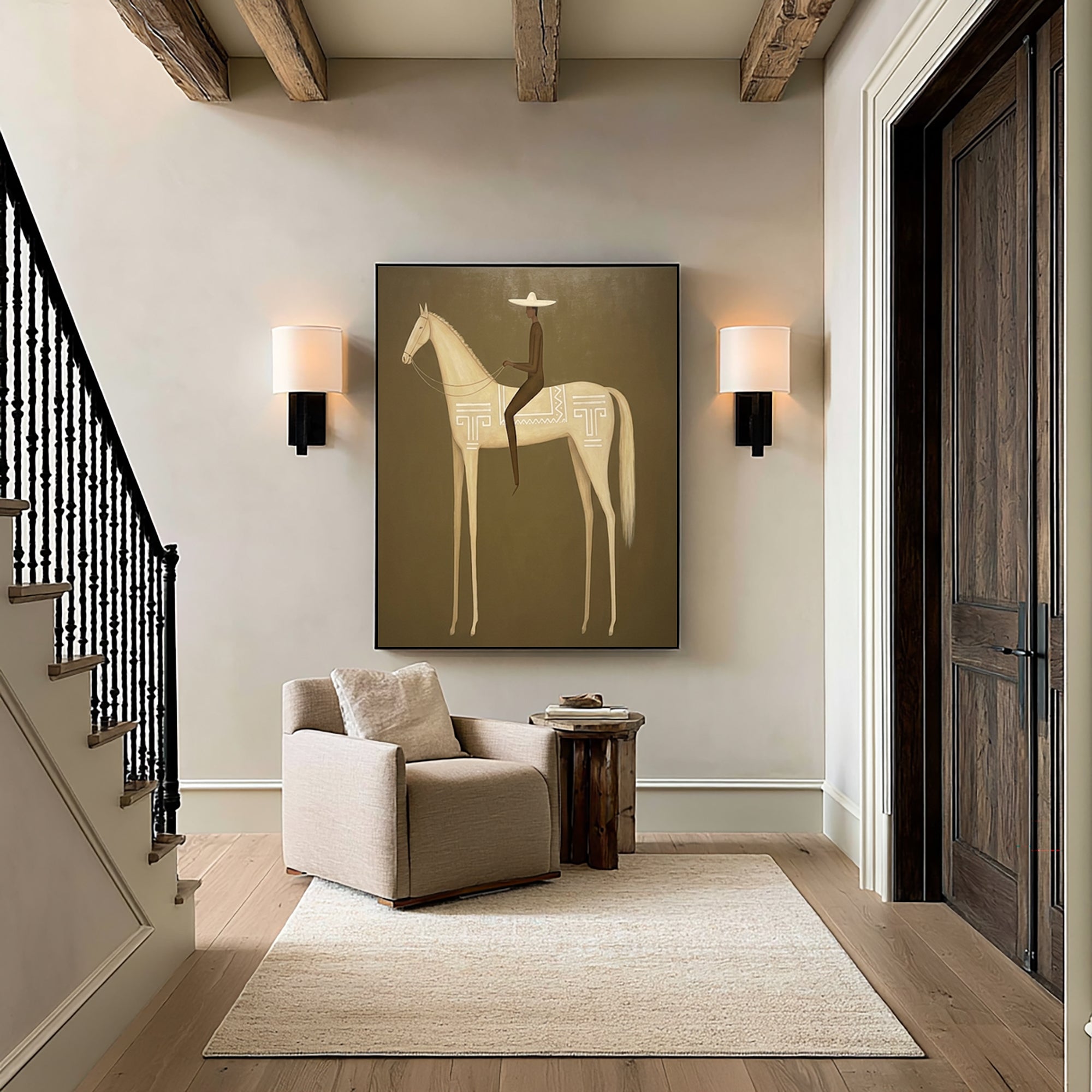 Large Luxury Western Equestrian Wall Art Horse Rider Oil Painting Cowboy Cowgirl Inspired Vintage Americana Artwork Modern Home Decor