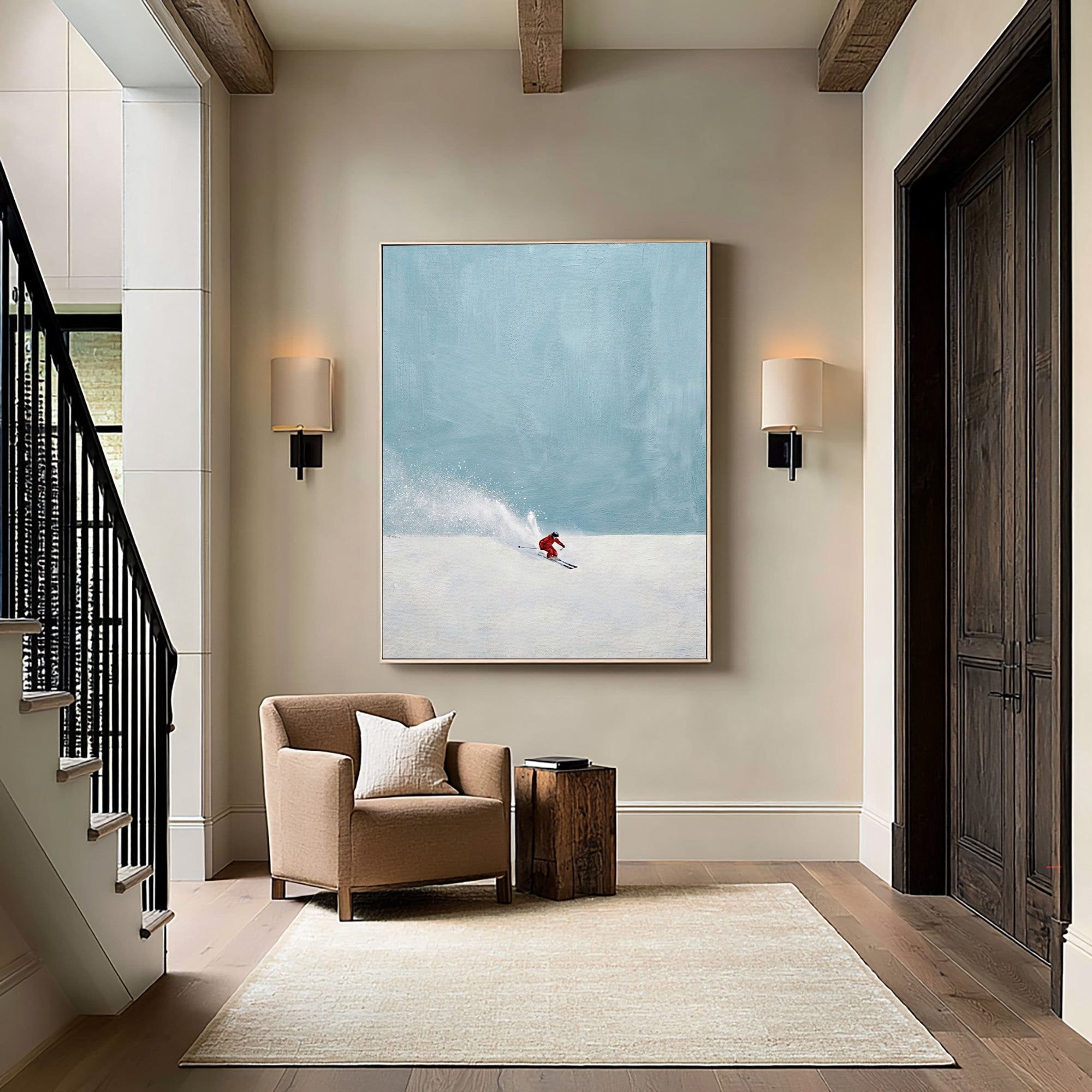 Large Minimalist Ski Wall Art Contemporary Winter Landscape Oil Painting