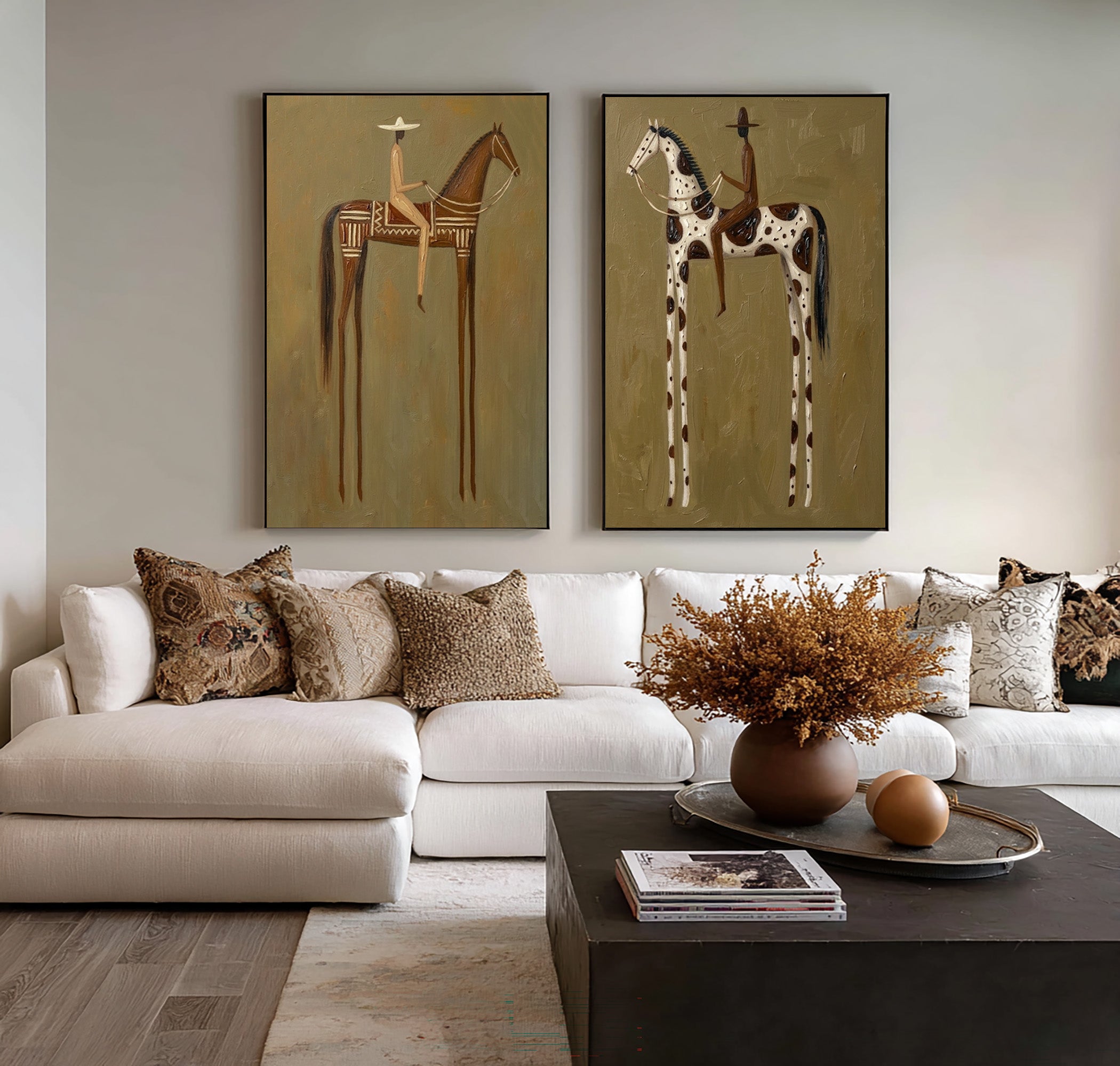 Large Cowboy Cowgirl Wall Art Western Ranch Horse Oil Painting Diptych 