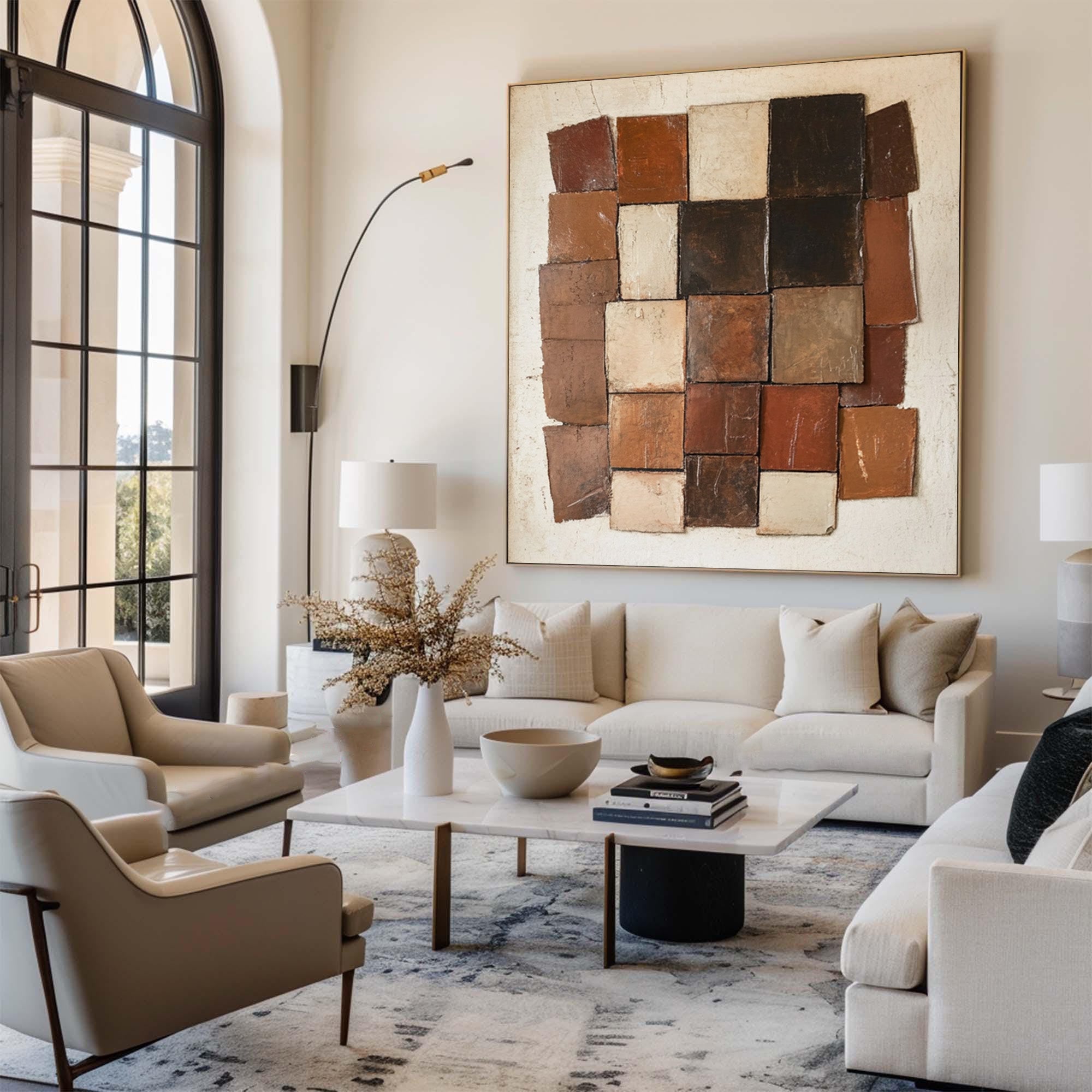 Large Abstract Oil Painting Earth Tone Geometric Art, Textured Modern Wall Art for Living Room | ArtvistaGallery #WAB 007