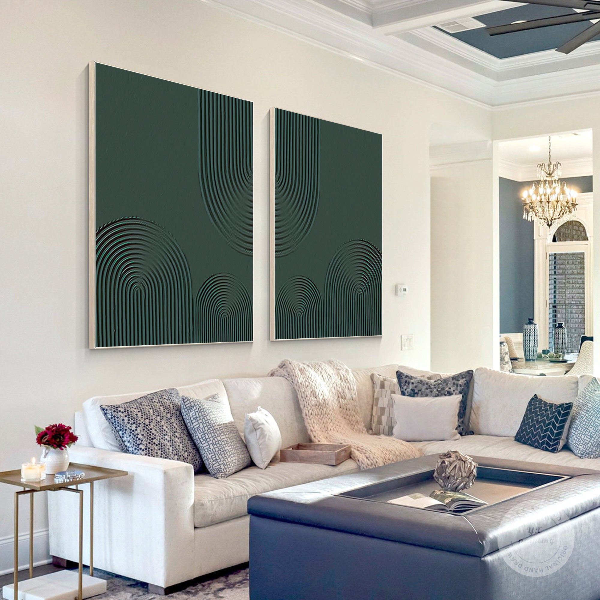 Geometric Style Wall Art  Modern Teal Oil Painting  SET OF 2 #BGS 003