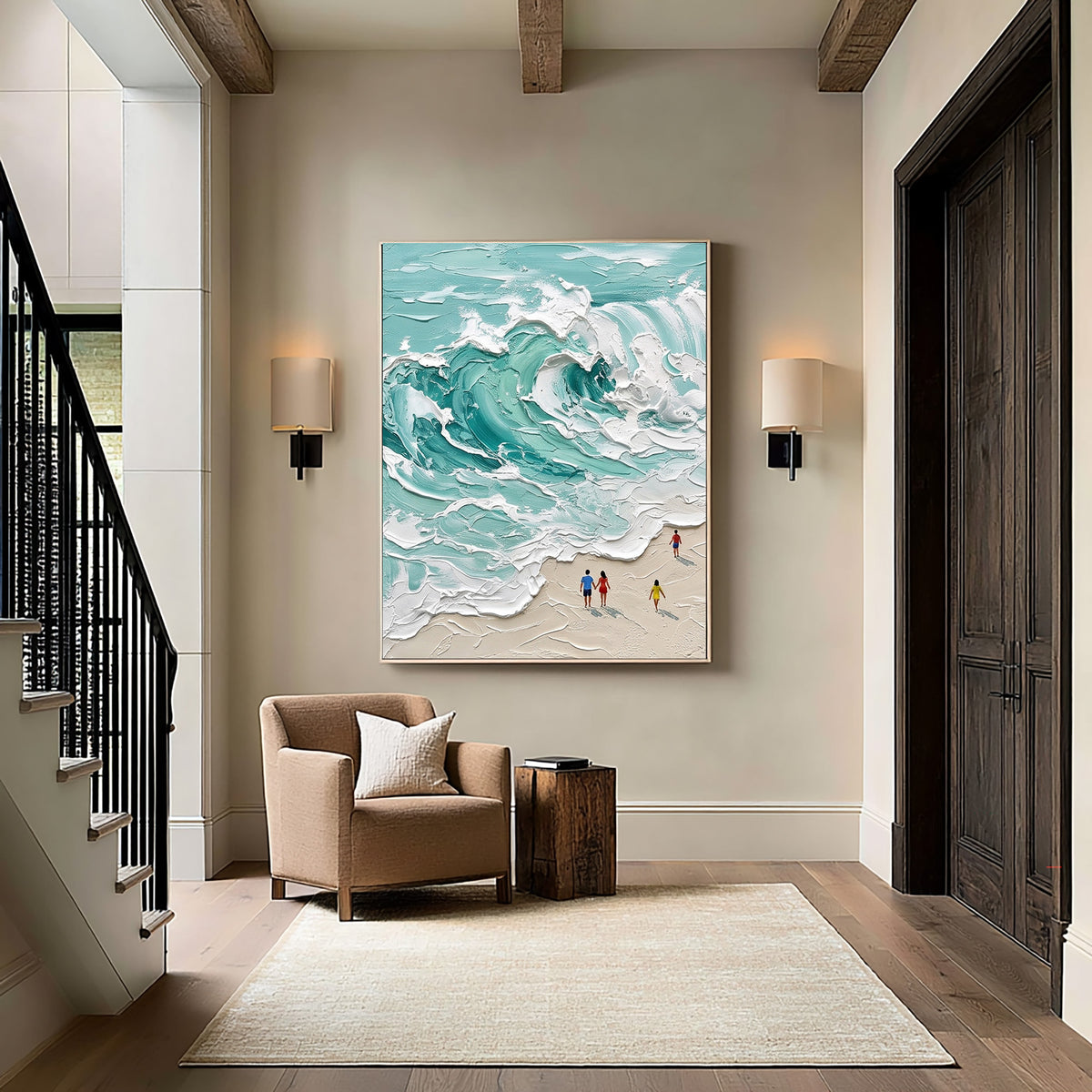 Large Minimal Turquoise Ocean Wave Wall Art Textured Oil Painting Coastal Seascape Beach House Artwork Modern Home Decor