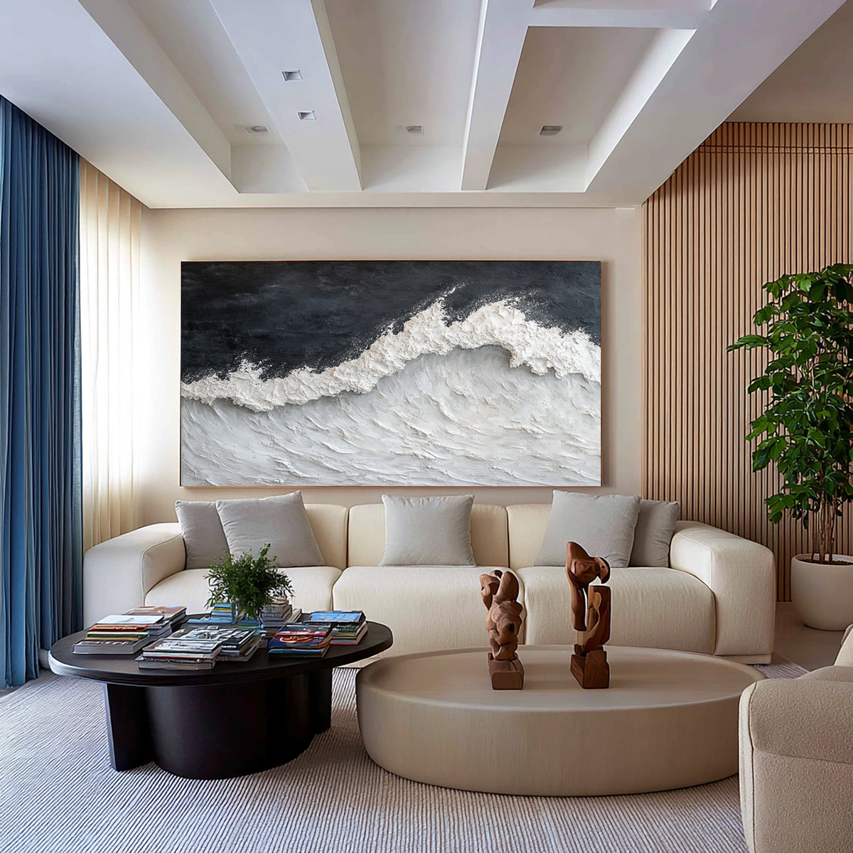 Dramatic Ocean Wave Textured Seascape Painting Handmade Coastal Wall Art Stormy Gray White Ocean Decor