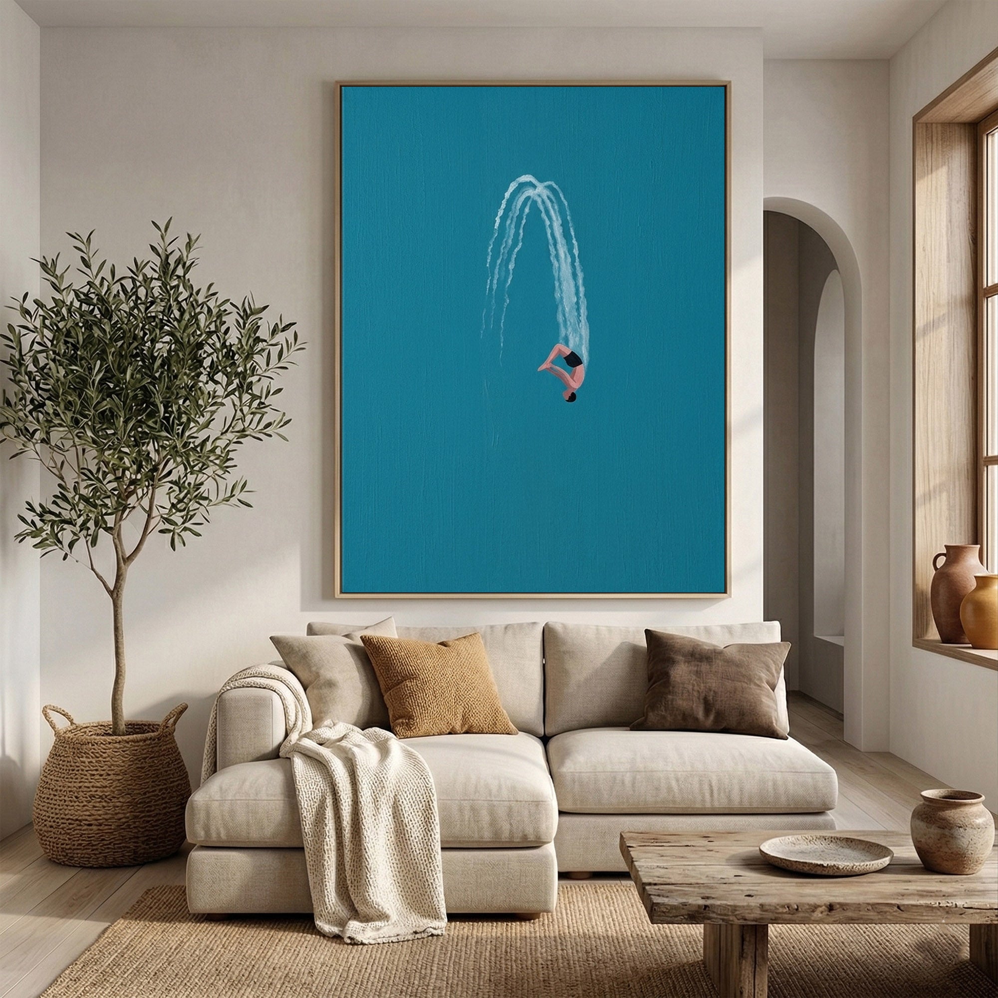 Large Minimalist Diver Wall Art Contemporary Ocean Blue Painting