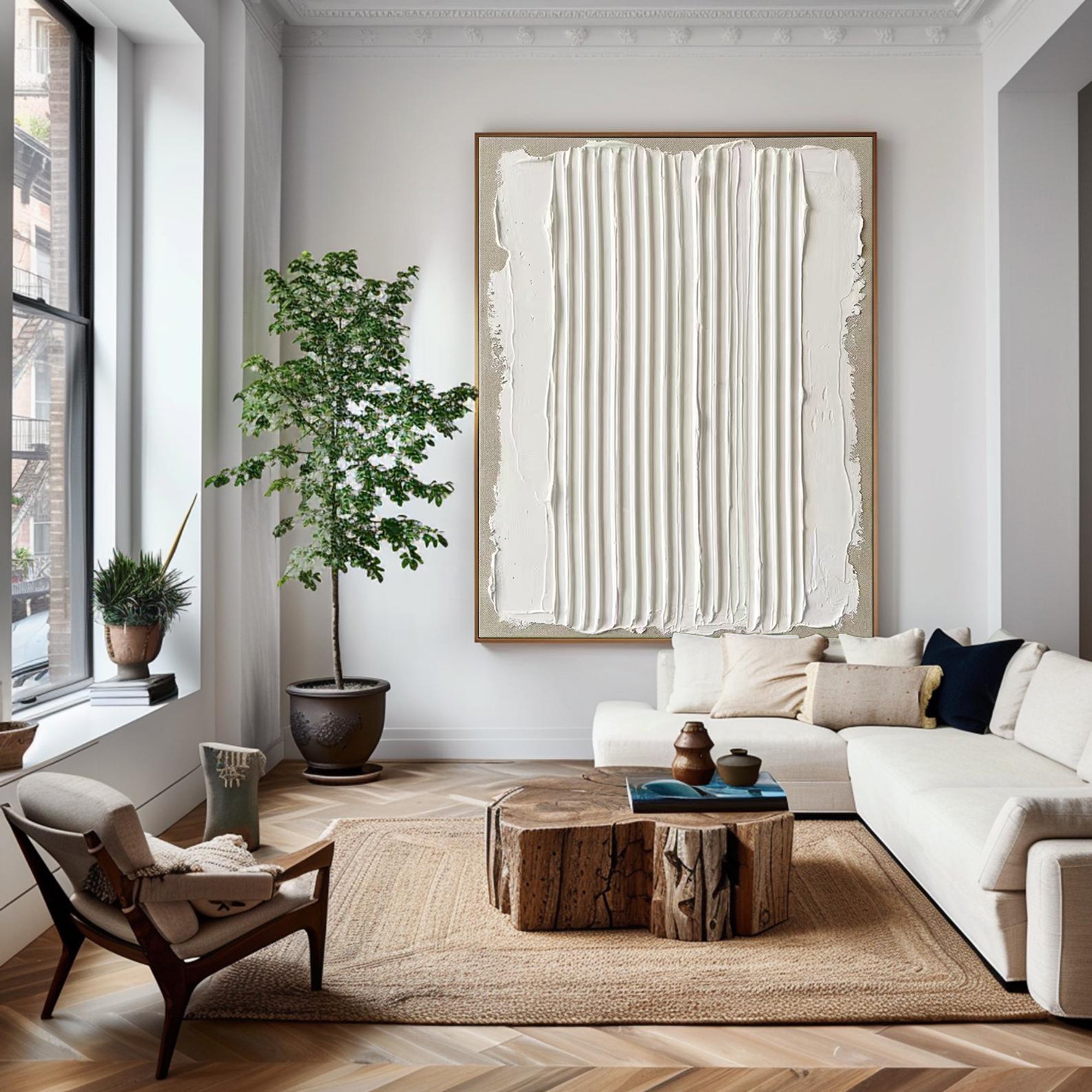 Large Vertical Textured Oil Painting for Minimalist Neutral Wall Decor