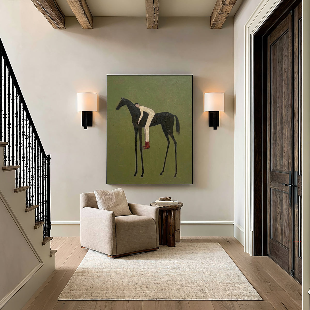 Large Olive Green Equestrian Wall Art Horse Rider Oil Painting Cowboy Cowgirl Inspired Western Americana Artwork Modern Home Decor