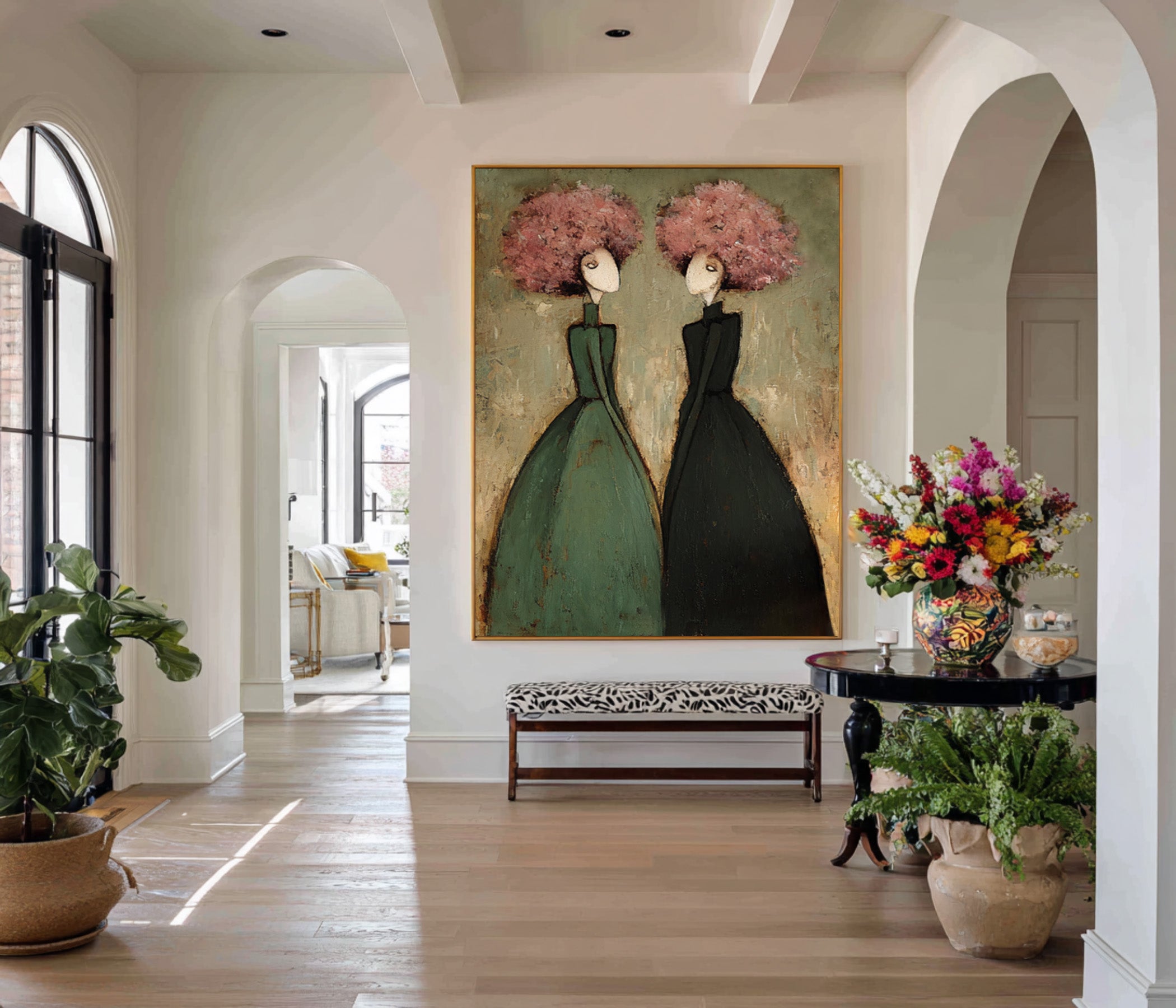 Large Contemporary Portrait Oil Painting – Modern Green and Pink Canvas Wall Art #WAB 035